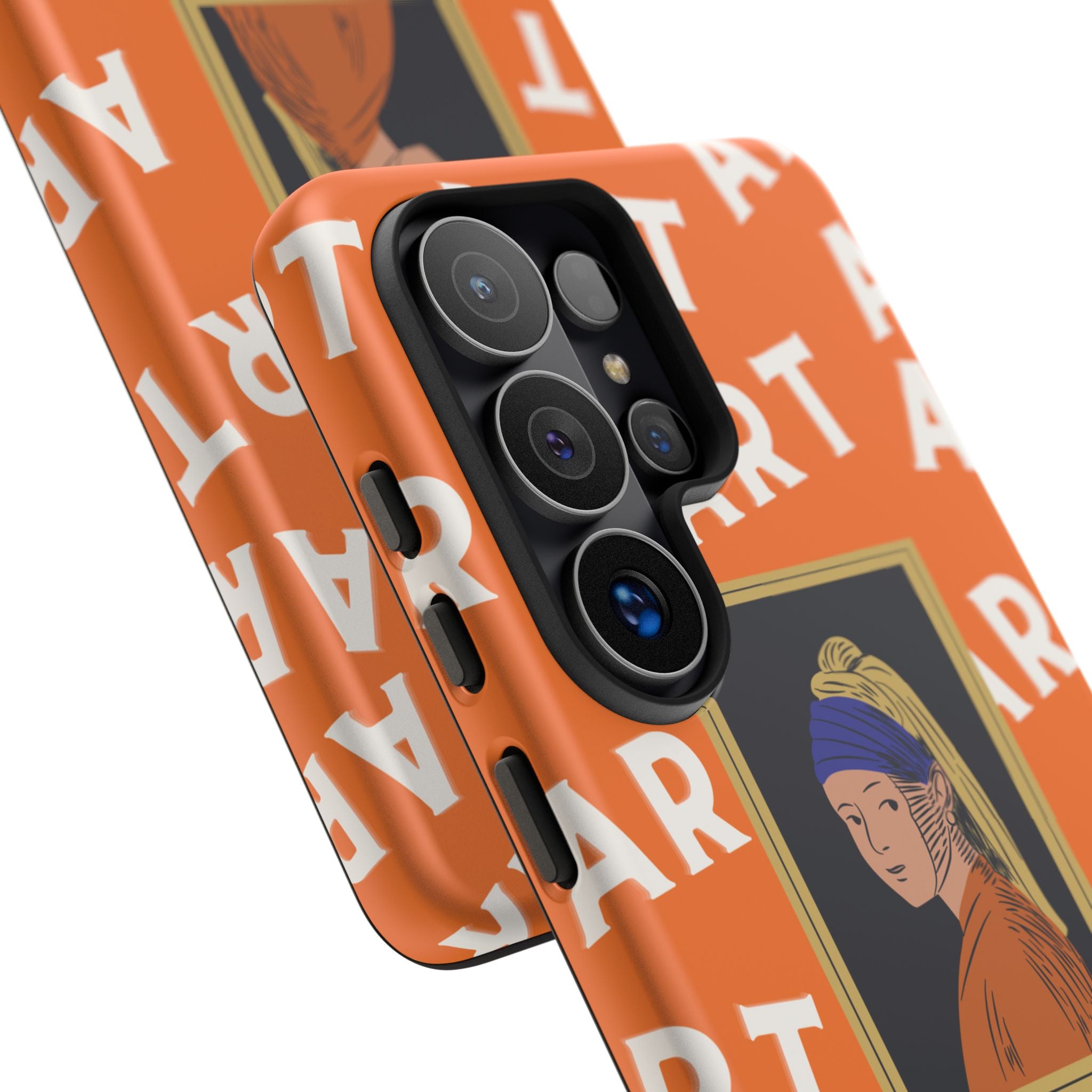 Bold Orange "ART" Pattern with Framed Girl with Pearl Earring Illustration