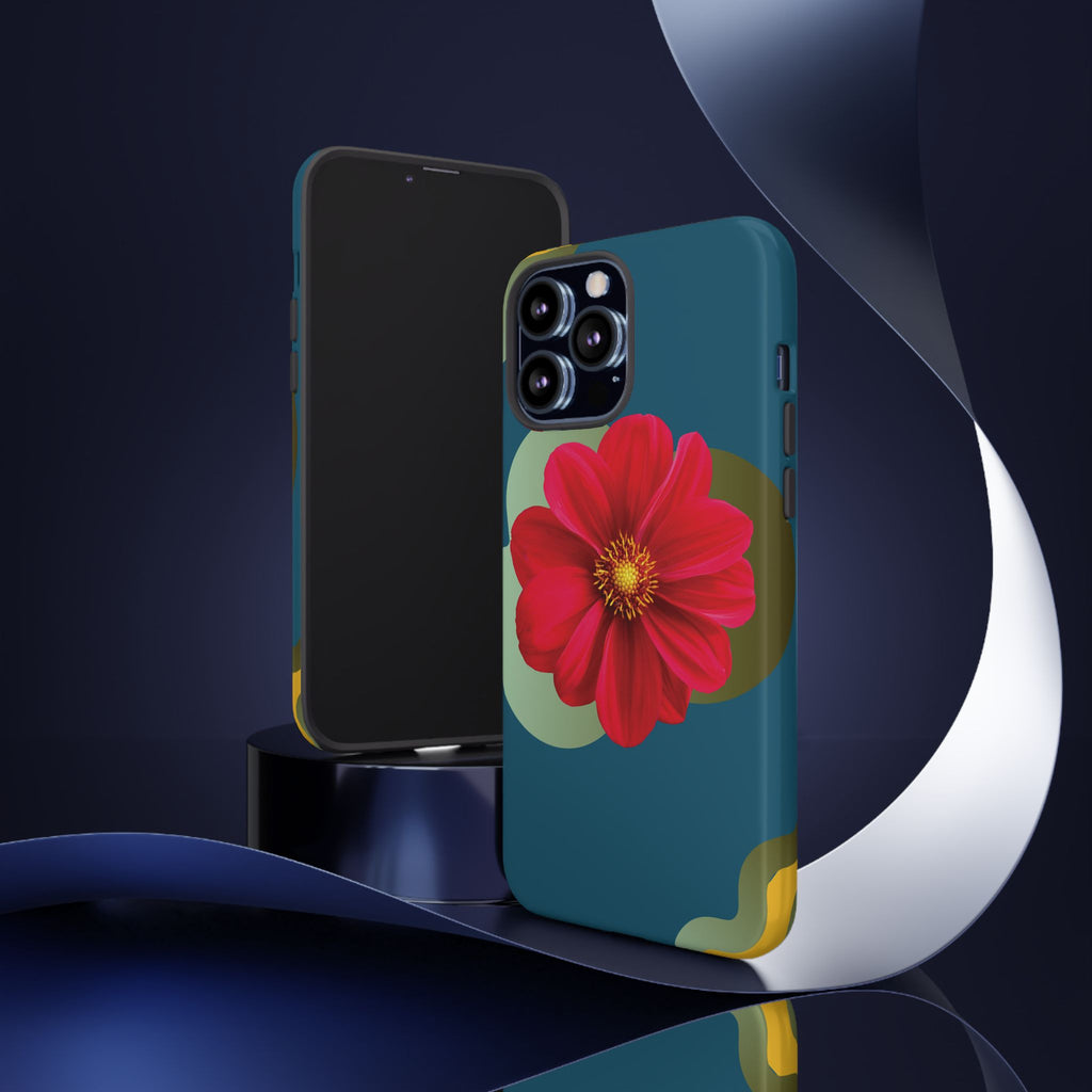 Floral Burst Tough Phone Case — Red Flower on Teal Protective Cover