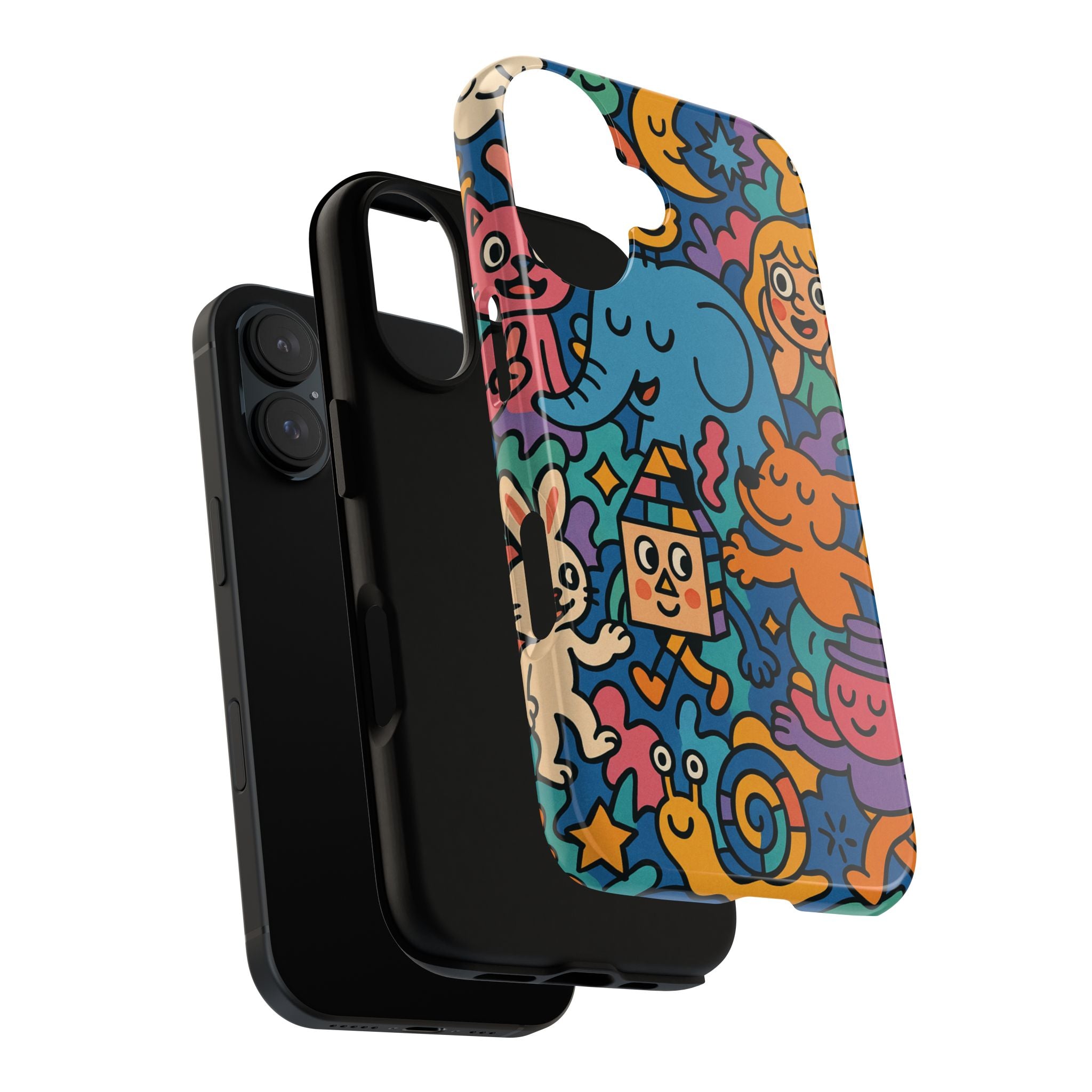 Colorful Doodle Phone Case — Cute Cartoon Animals & Characters