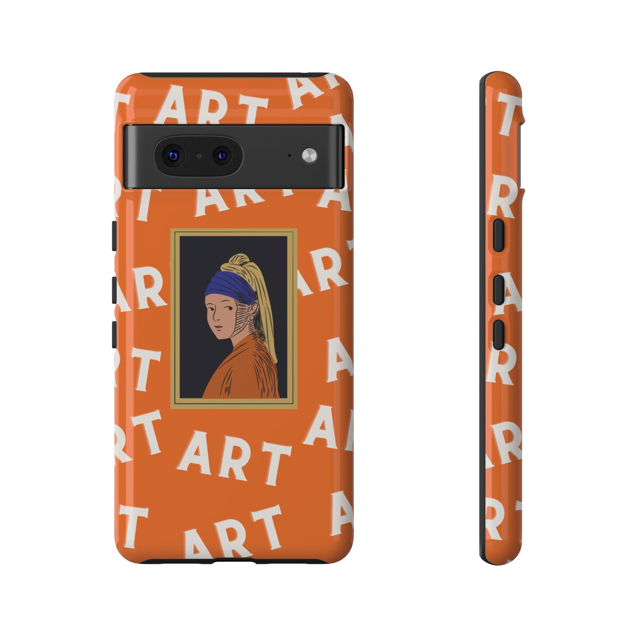 Bold Orange "ART" Pattern with Framed Girl with Pearl Earring Illustration