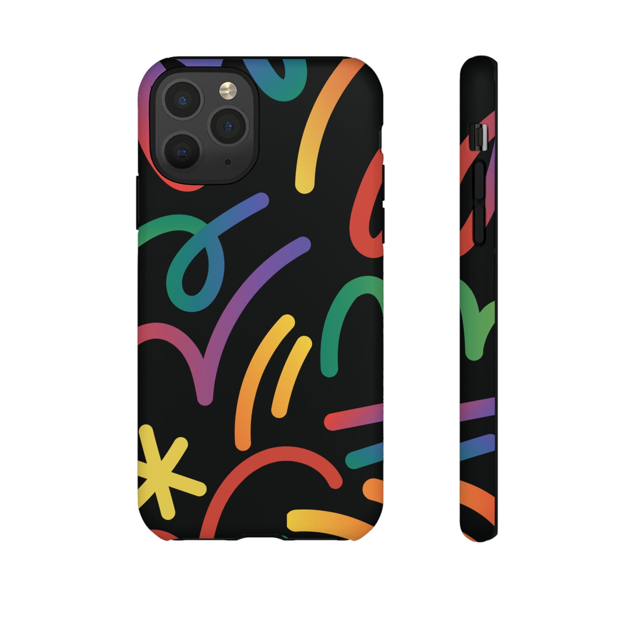 Colorful Doodle Tough Phone Case — Black Background Protective Cover