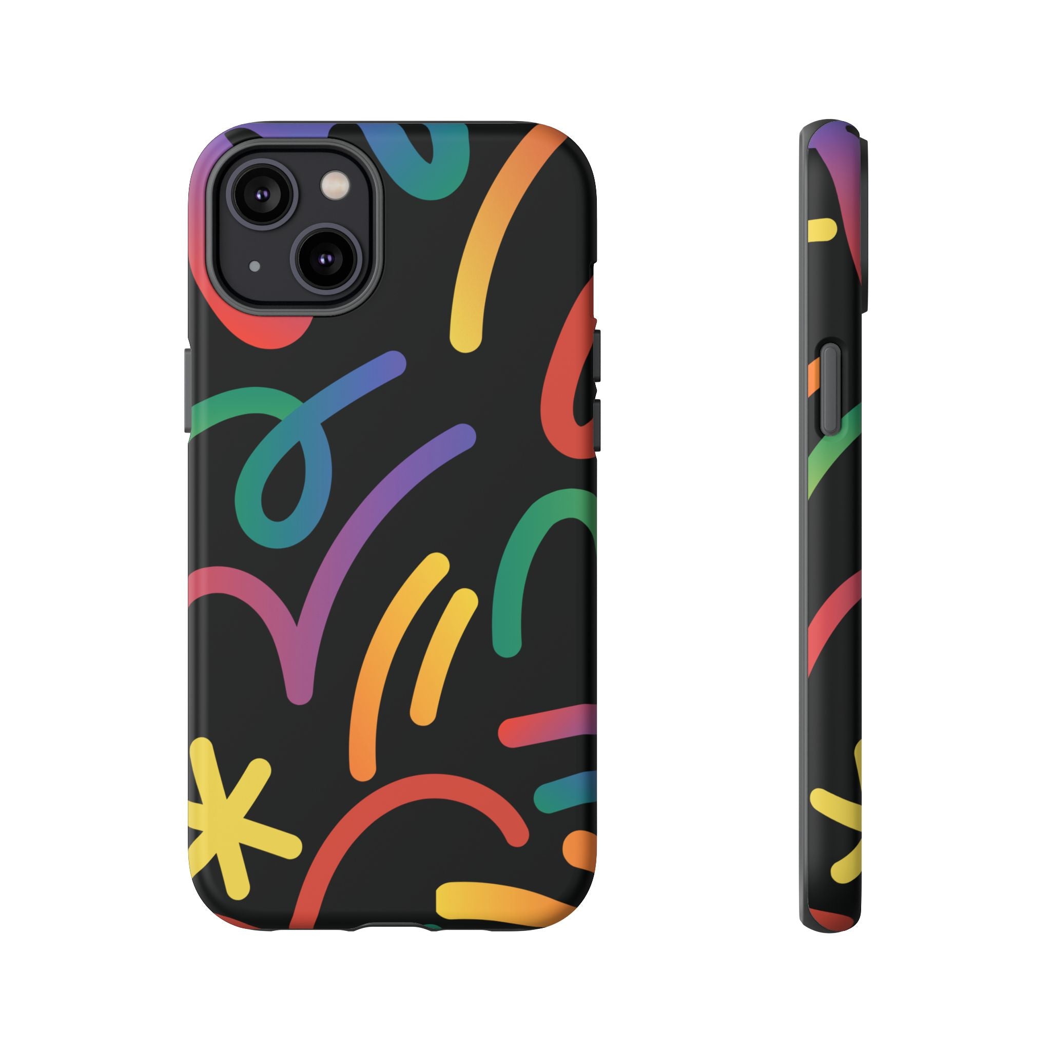 Colorful Doodle Tough Phone Case — Black Background Protective Cover