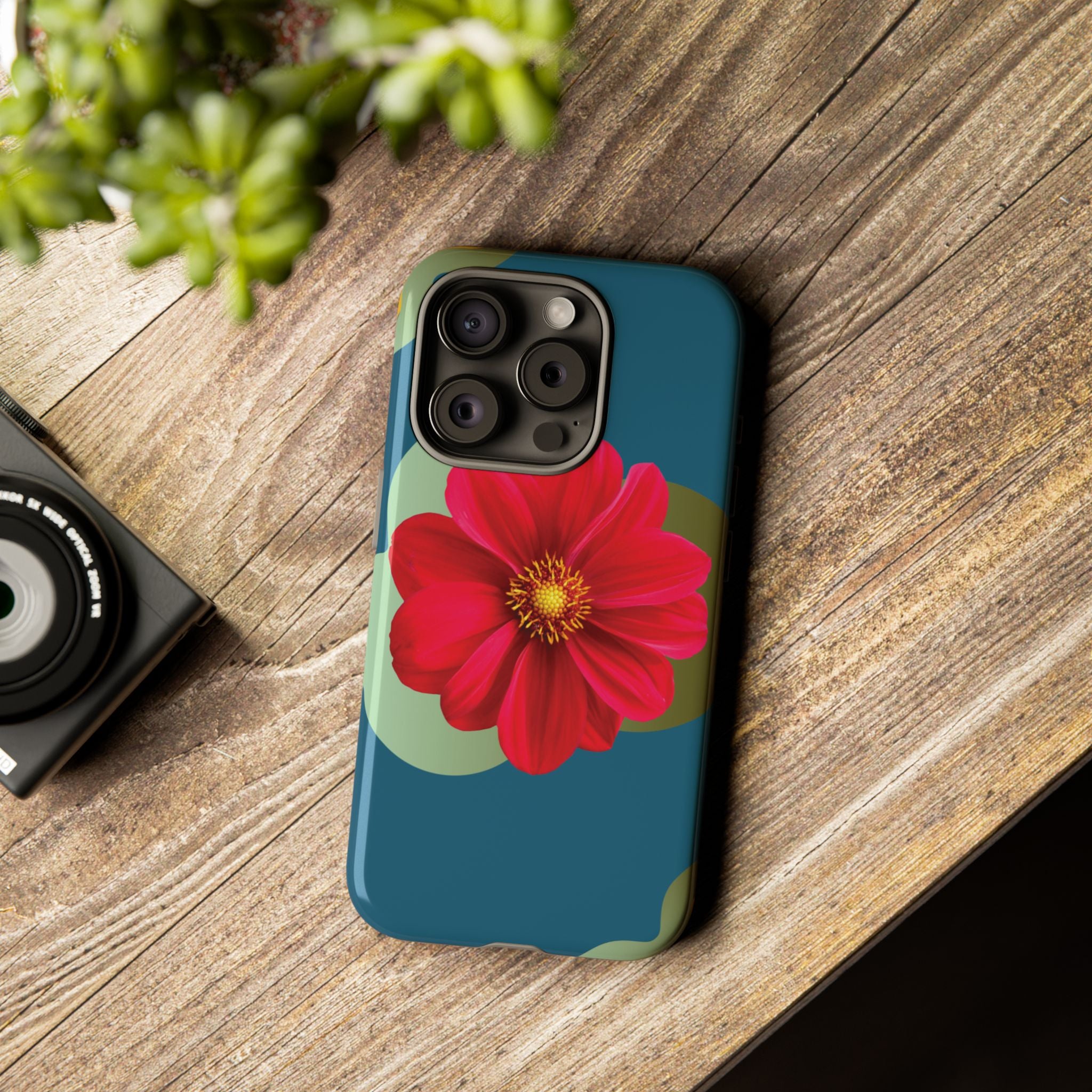 Floral Burst Tough Phone Case — Red Flower on Teal Protective Cover