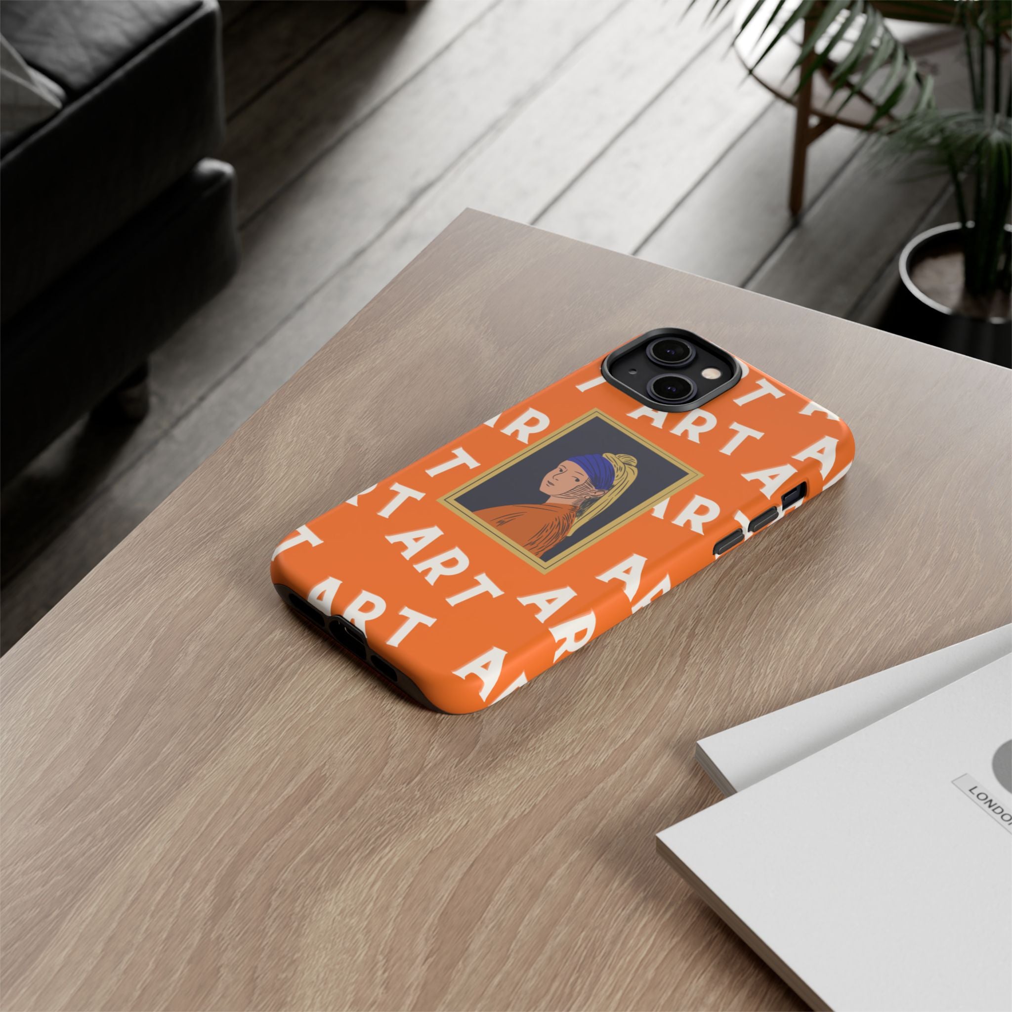 Bold Orange "ART" Pattern with Framed Girl with Pearl Earring Illustration