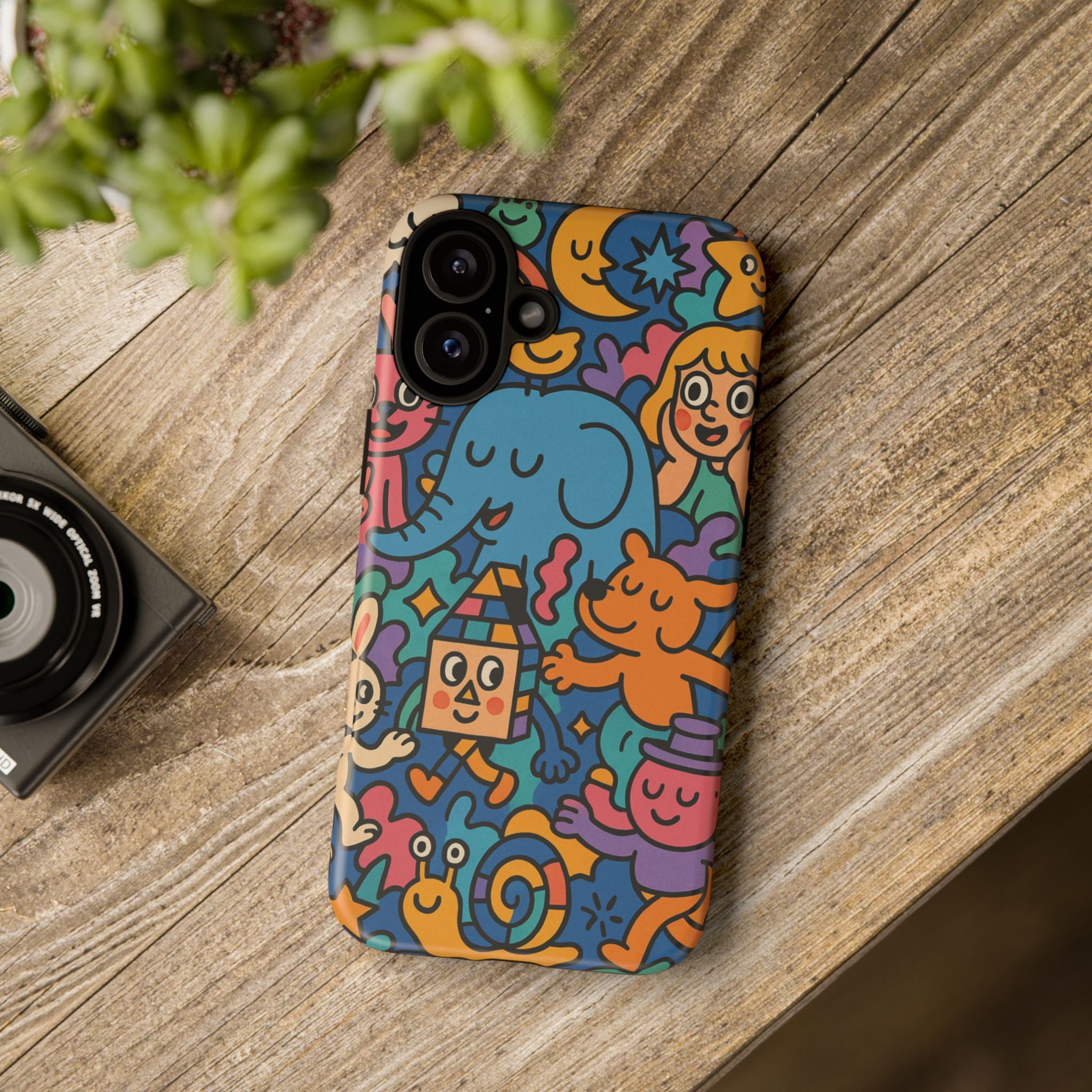 Colorful Doodle Phone Case — Cute Cartoon Animals & Characters