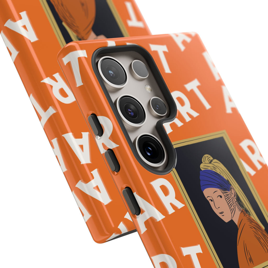 Bold Orange "ART" Pattern with Framed Girl with Pearl Earring Illustration