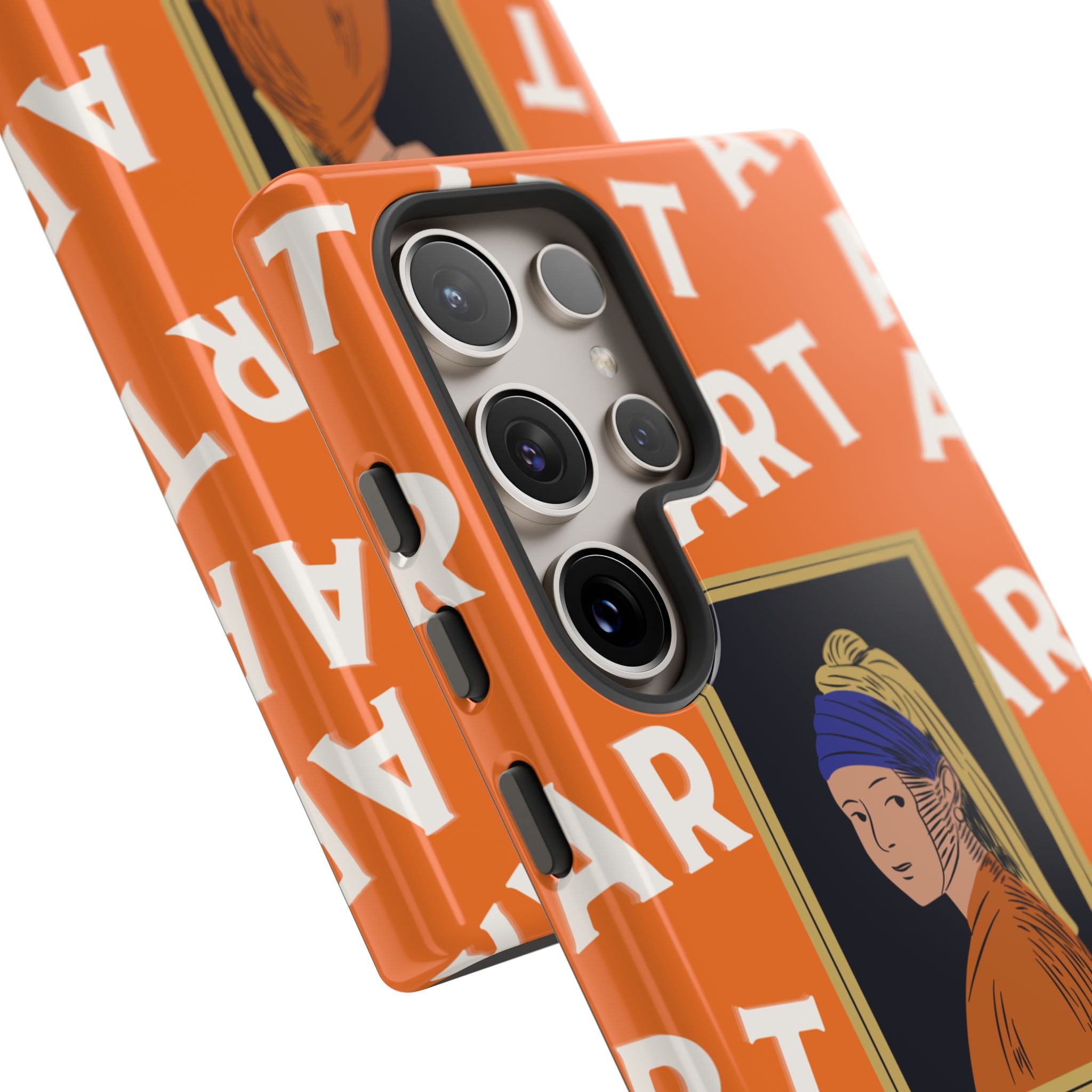 Bold Orange "ART" Pattern with Framed Girl with Pearl Earring Illustration