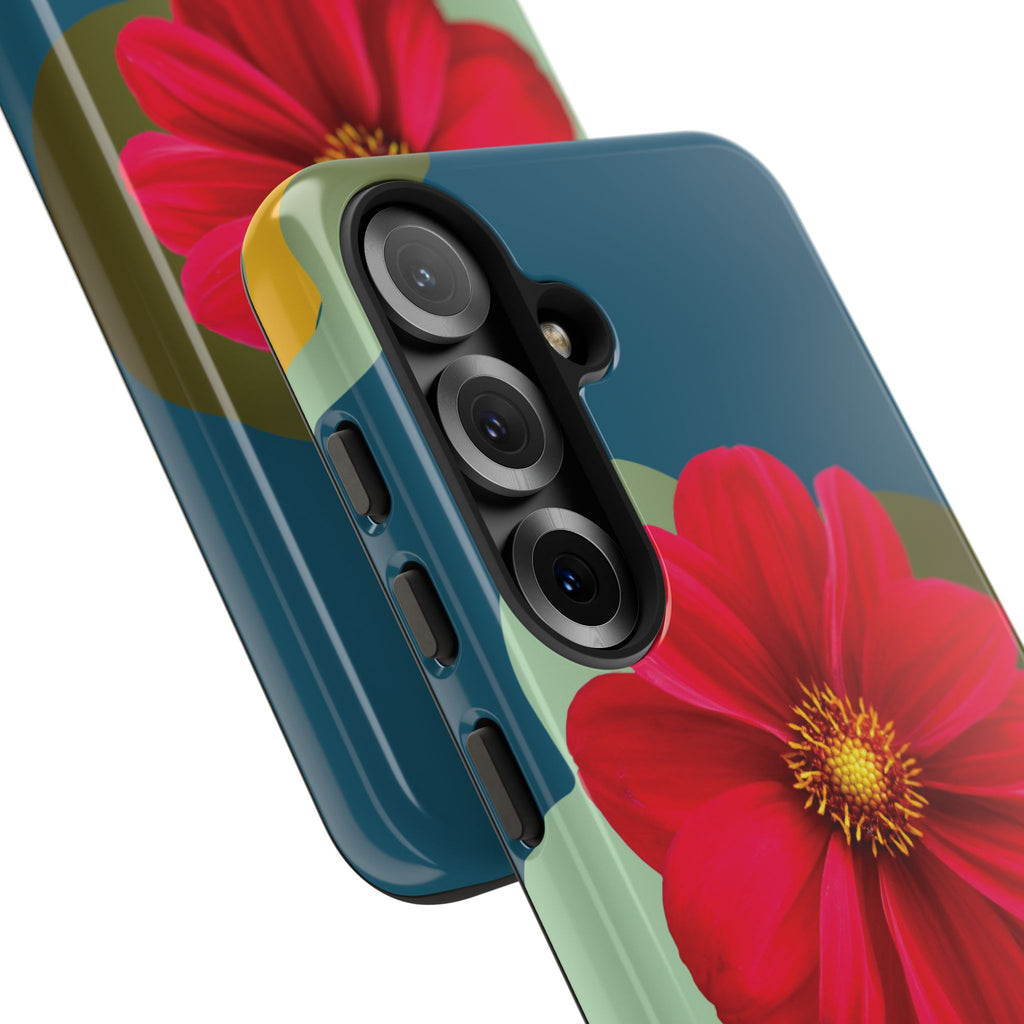 Floral Burst Tough Phone Case — Red Flower on Teal Protective Cover