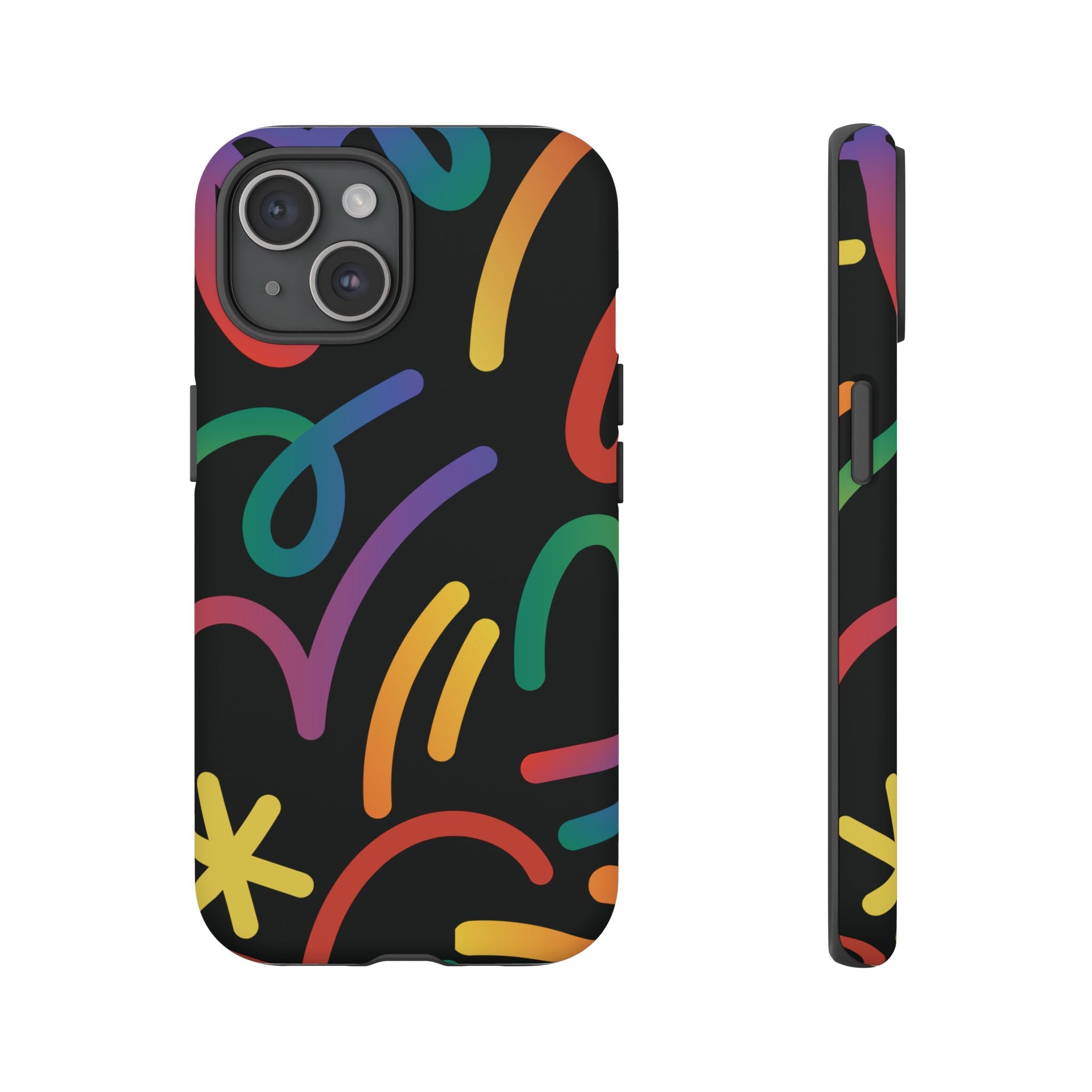 Colorful Doodle Tough Phone Case — Black Background Protective Cover