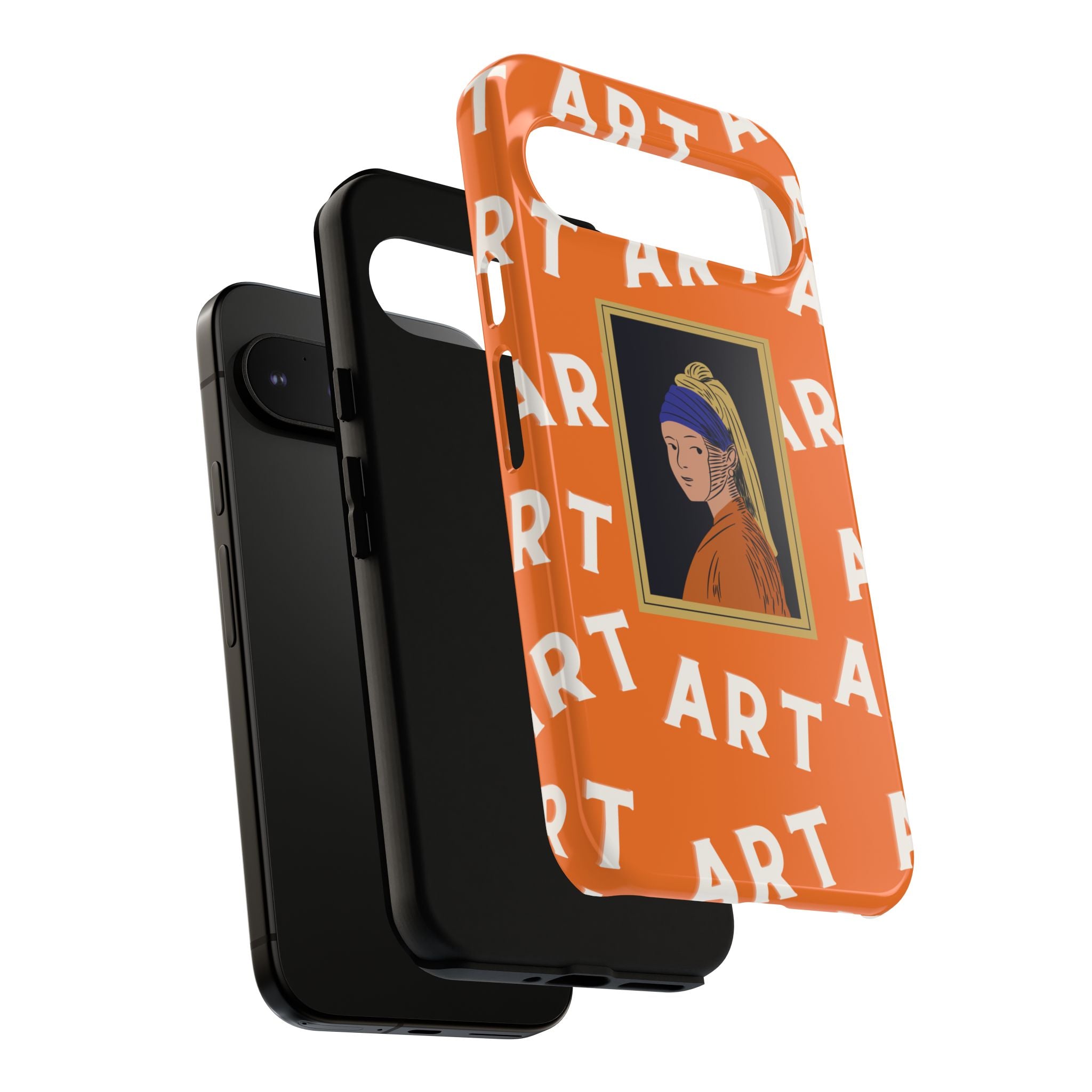 Bold Orange "ART" Pattern with Framed Girl with Pearl Earring Illustration