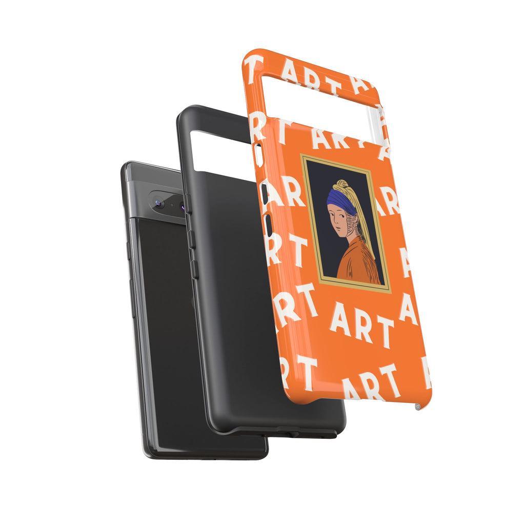 Bold Orange "ART" Pattern with Framed Girl with Pearl Earring Illustration