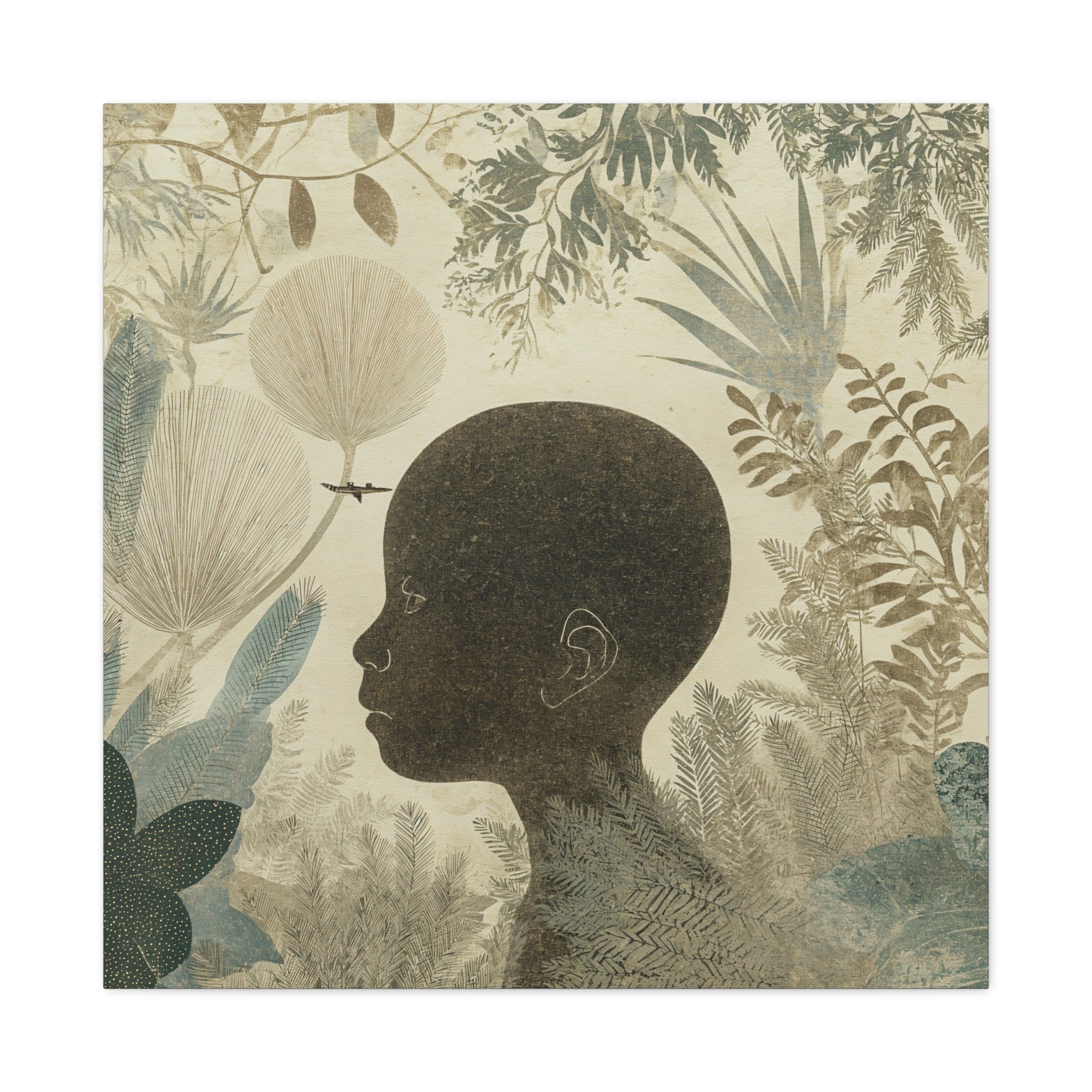Matte Canvas Art – Silhouette Child in Botanical Dream (Stretched)