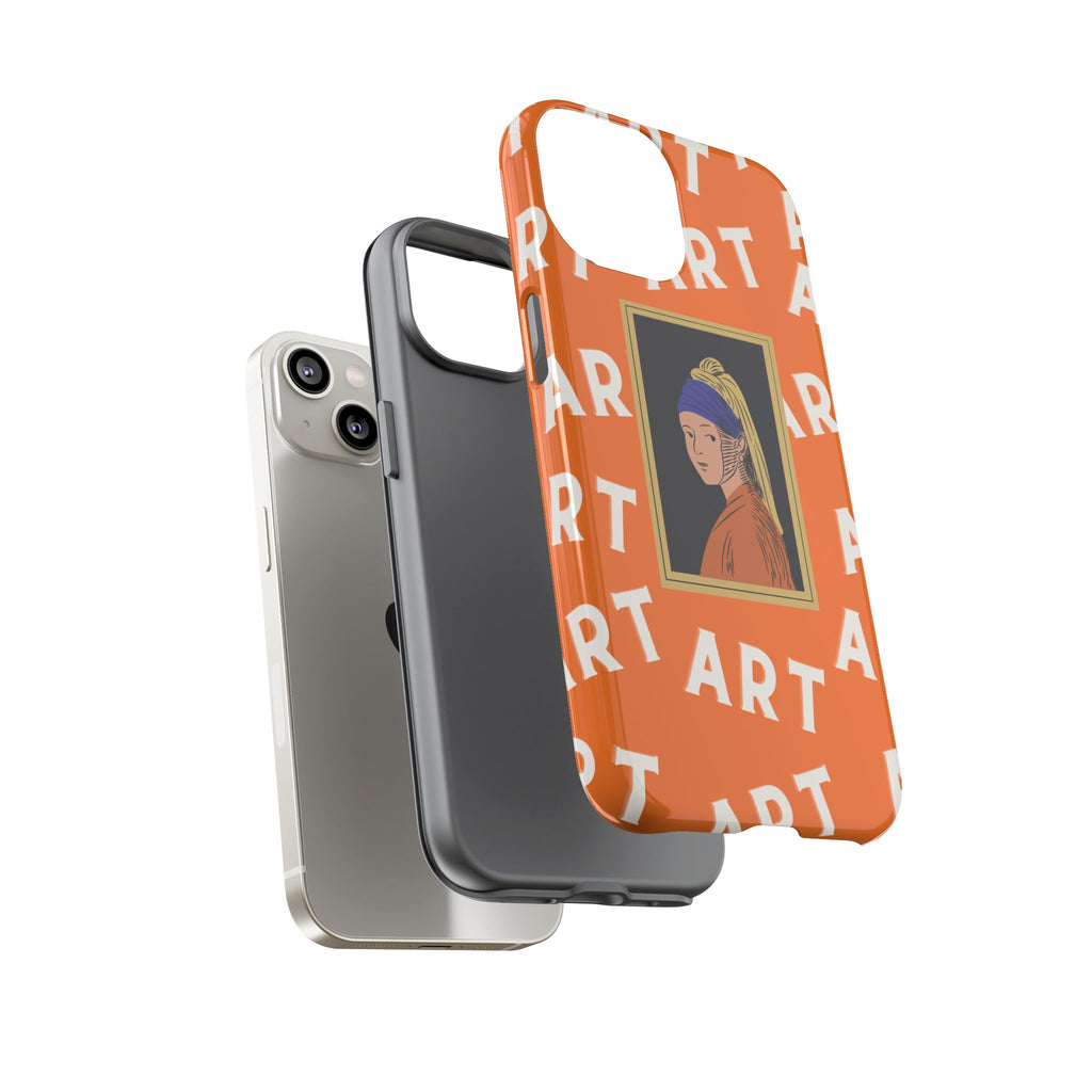 Bold Orange "ART" Pattern with Framed Girl with Pearl Earring Illustration