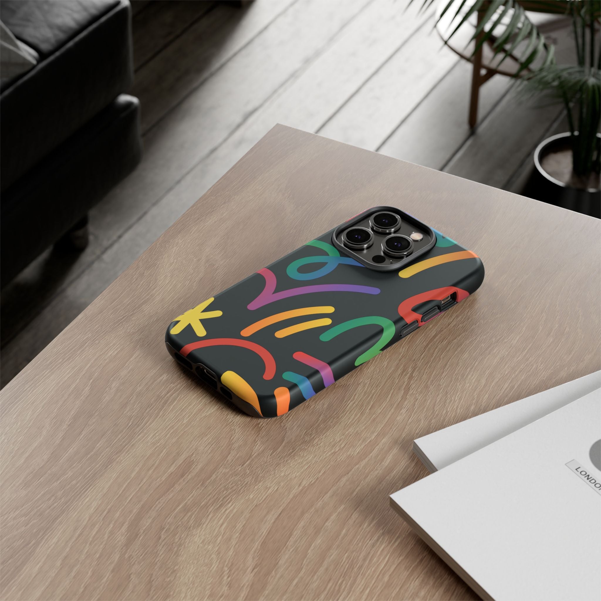 Colorful Doodle Tough Phone Case — Black Background Protective Cover