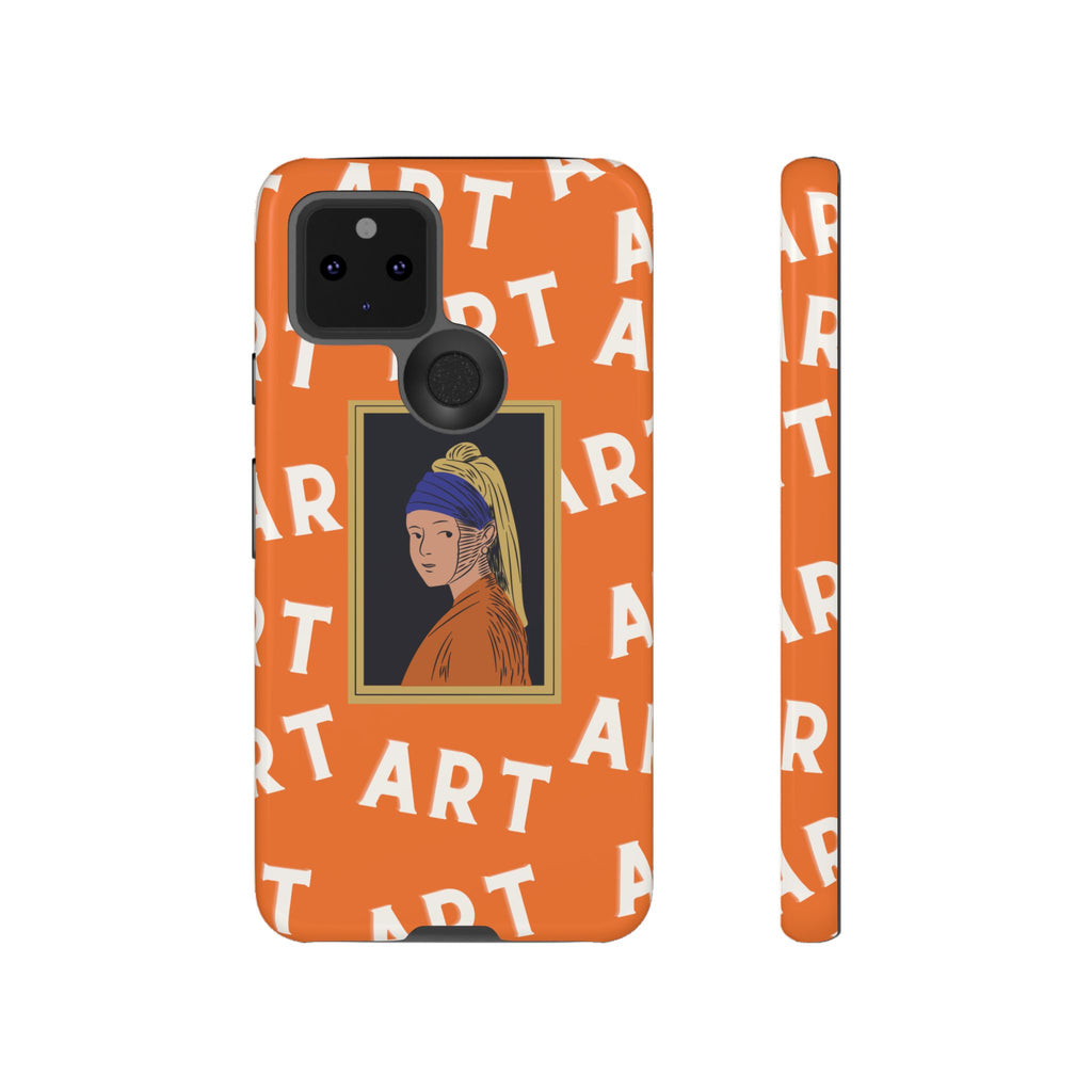 Bold Orange "ART" Pattern with Framed Girl with Pearl Earring Illustration