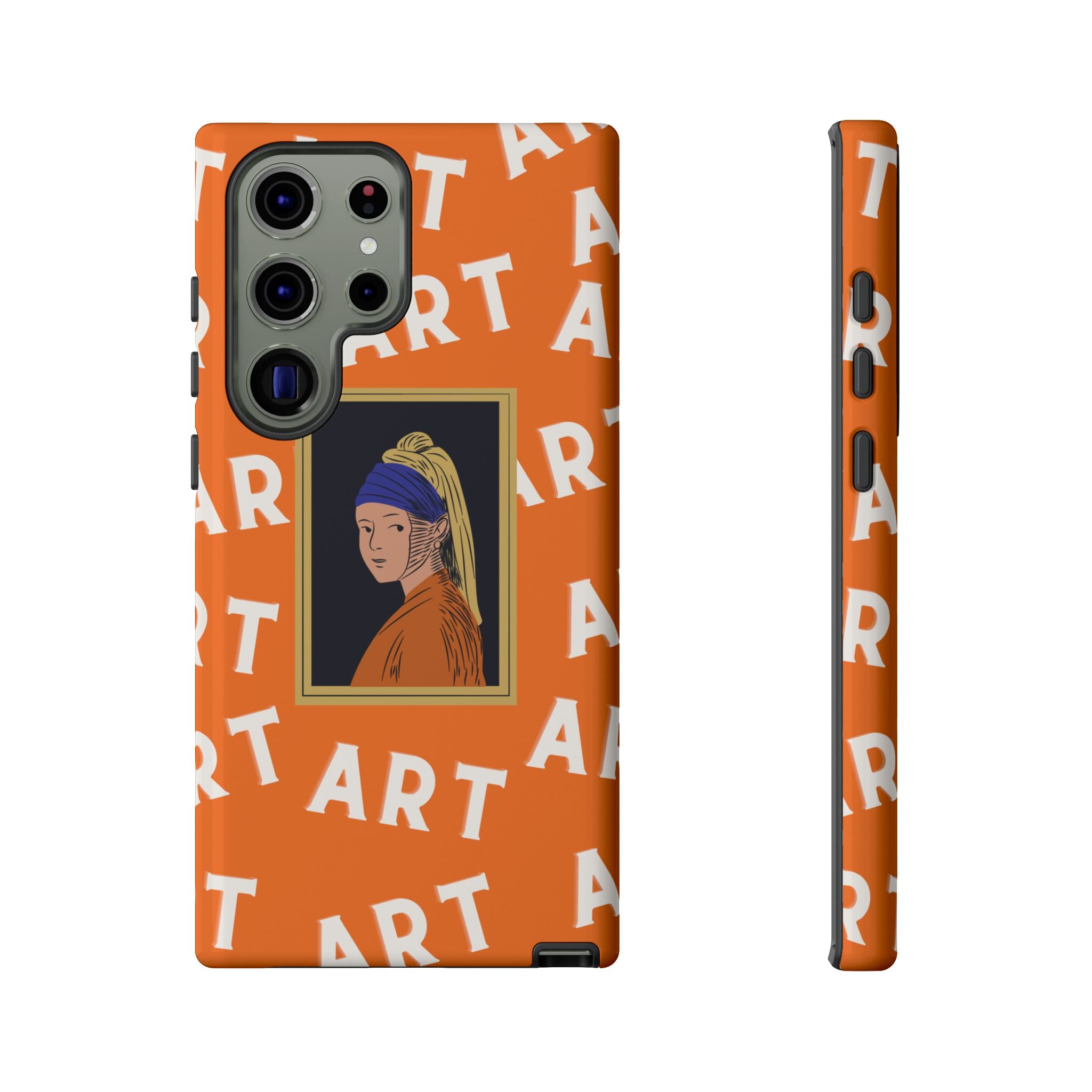 Bold Orange "ART" Pattern with Framed Girl with Pearl Earring Illustration