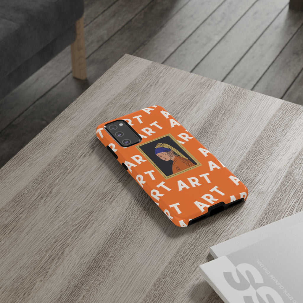 Bold Orange "ART" Pattern with Framed Girl with Pearl Earring Illustration