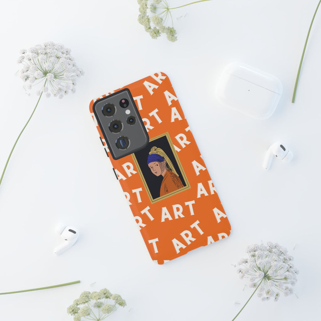 Bold Orange "ART" Pattern with Framed Girl with Pearl Earring Illustration