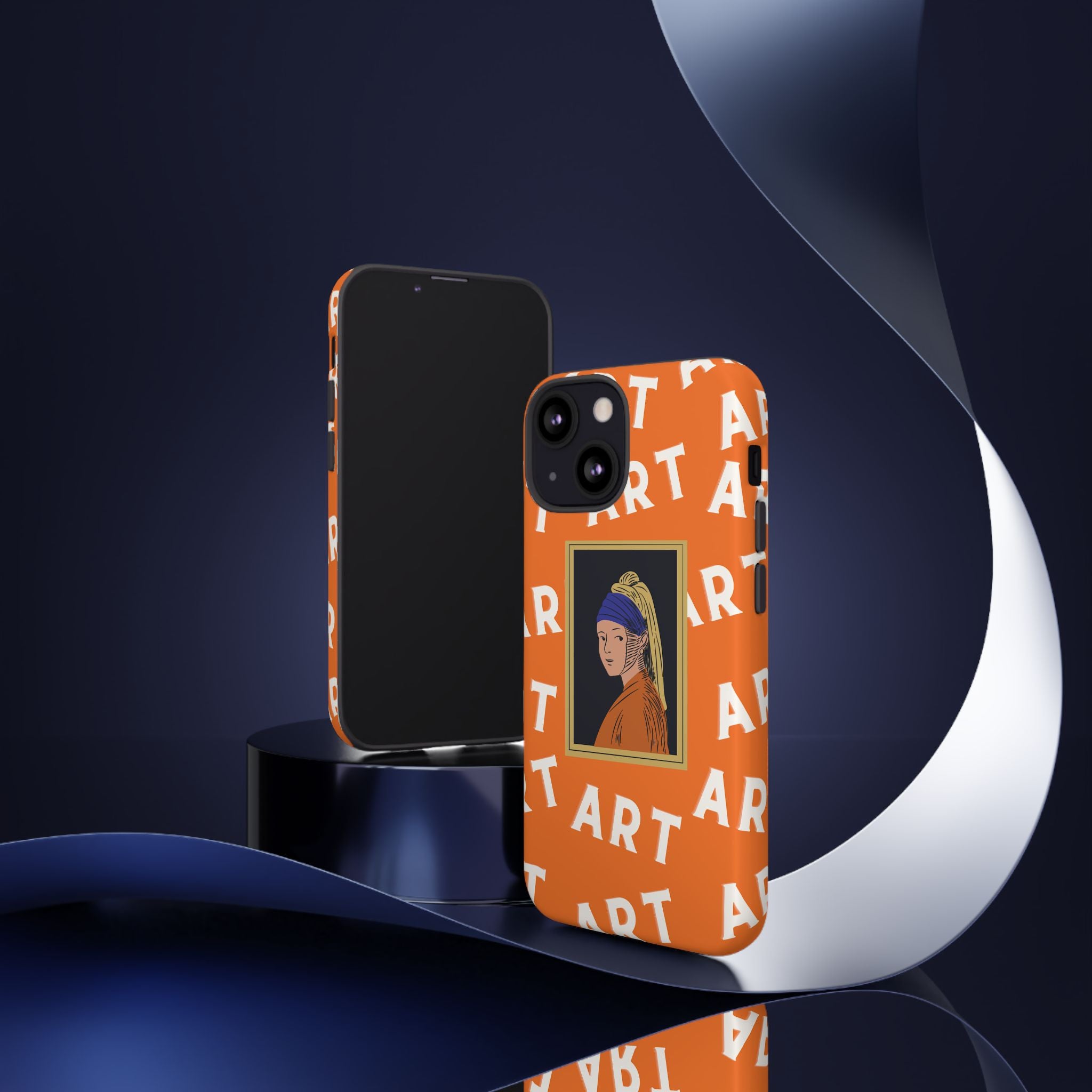 Bold Orange "ART" Pattern with Framed Girl with Pearl Earring Illustration