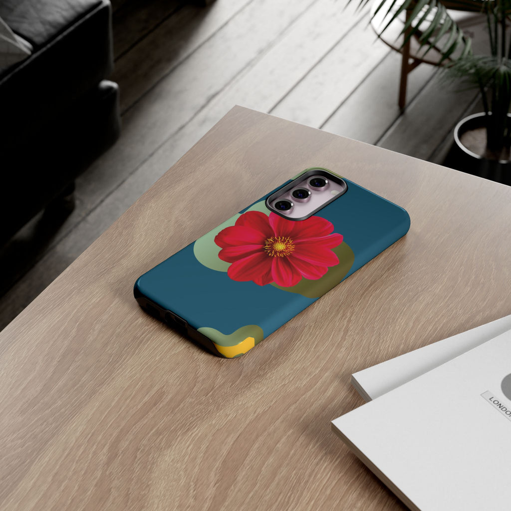 Floral Burst Tough Phone Case — Red Flower on Teal Protective Cover
