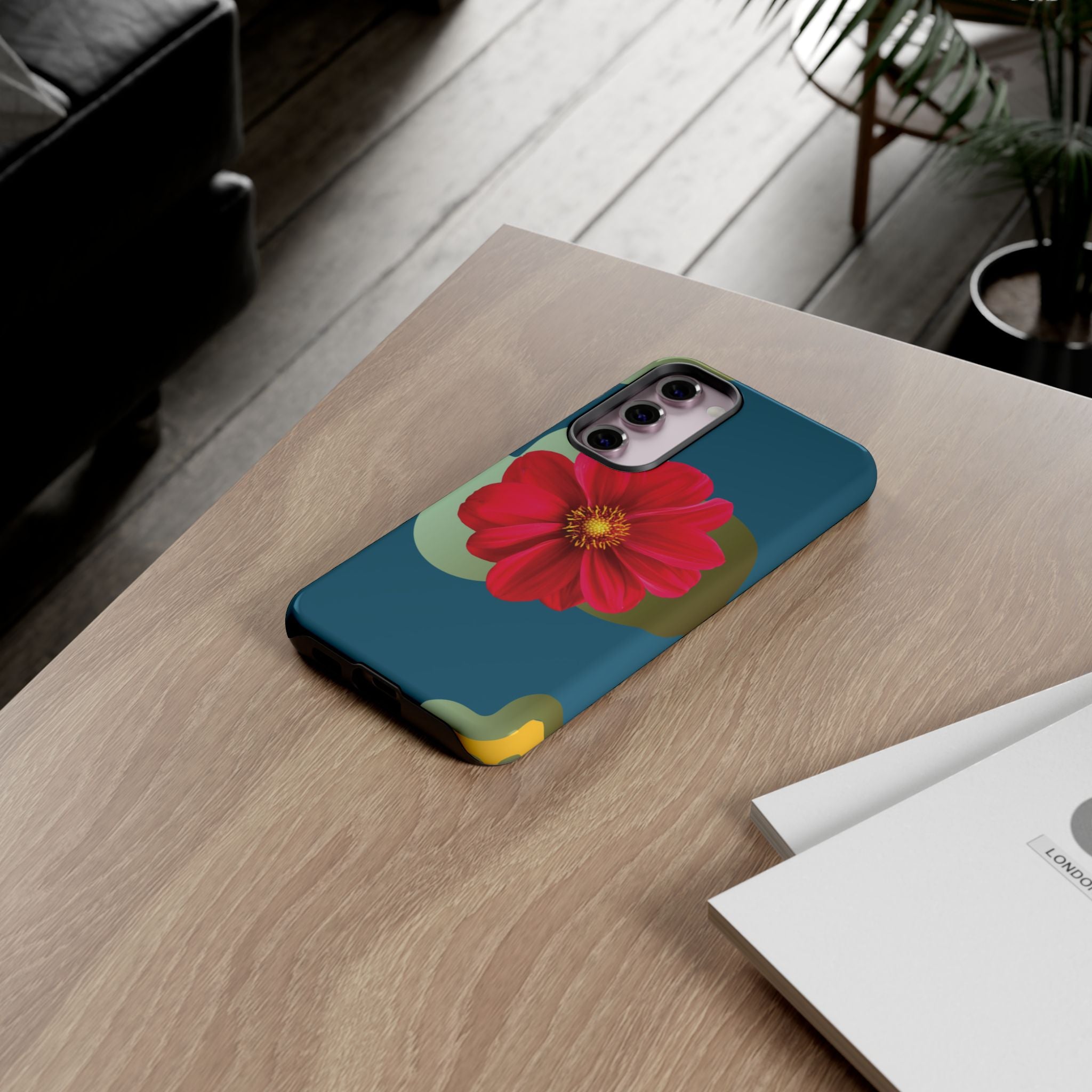 Floral Burst Tough Phone Case — Red Flower on Teal Protective Cover