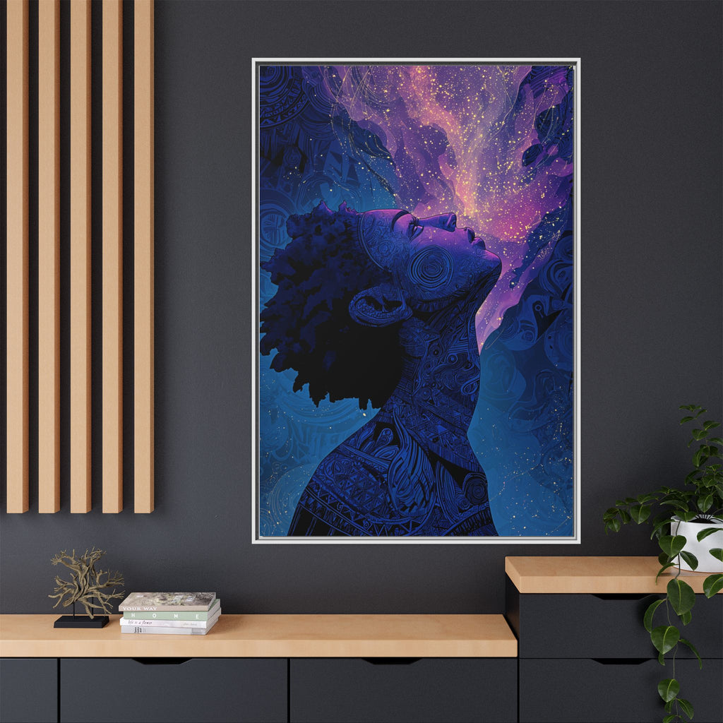 Cosmic Breath Portrait, Multicolor Galaxy Wall Print — Framed Matte Canvas Art