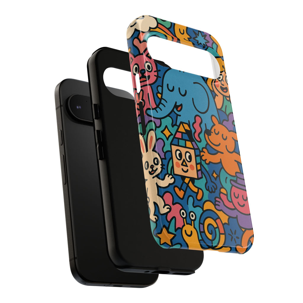 Colorful Doodle Phone Case — Cute Cartoon Animals & Characters
