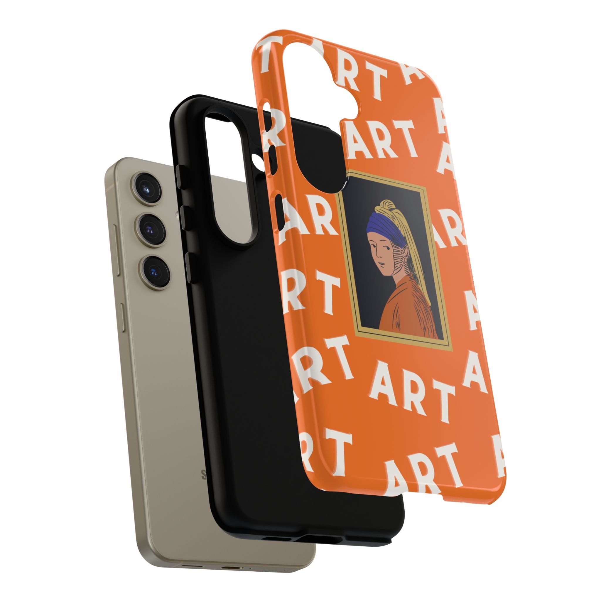 Bold Orange "ART" Pattern with Framed Girl with Pearl Earring Illustration
