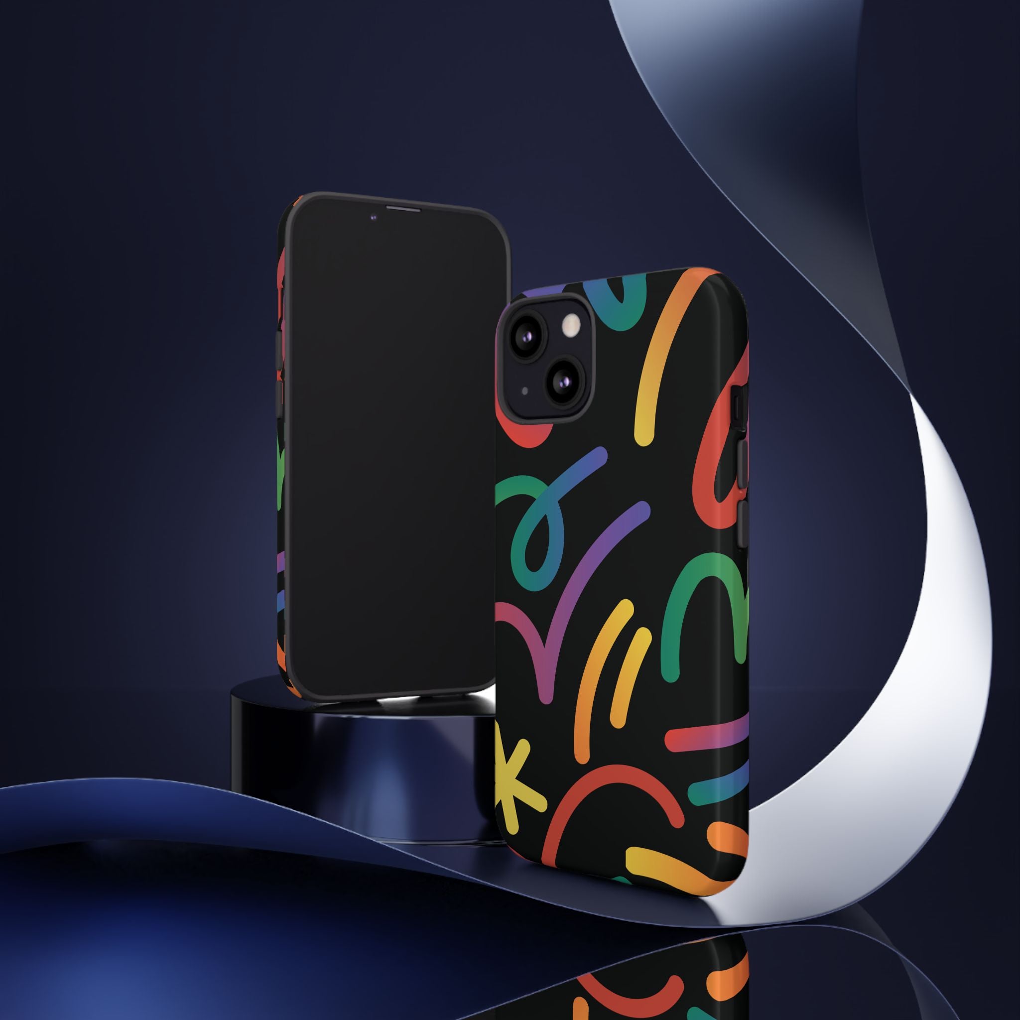 Colorful Doodle Tough Phone Case — Black Background Protective Cover