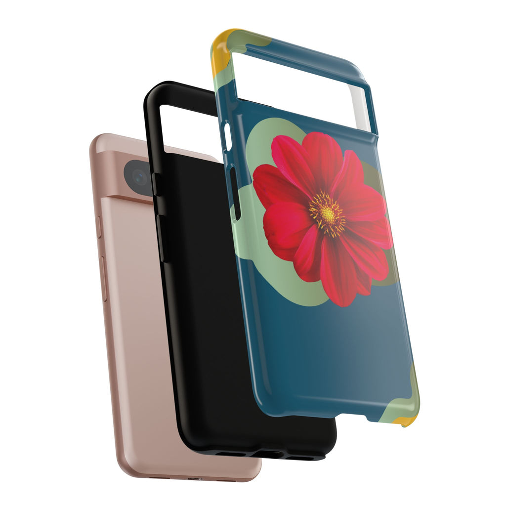 Floral Burst Tough Phone Case — Red Flower on Teal Protective Cover