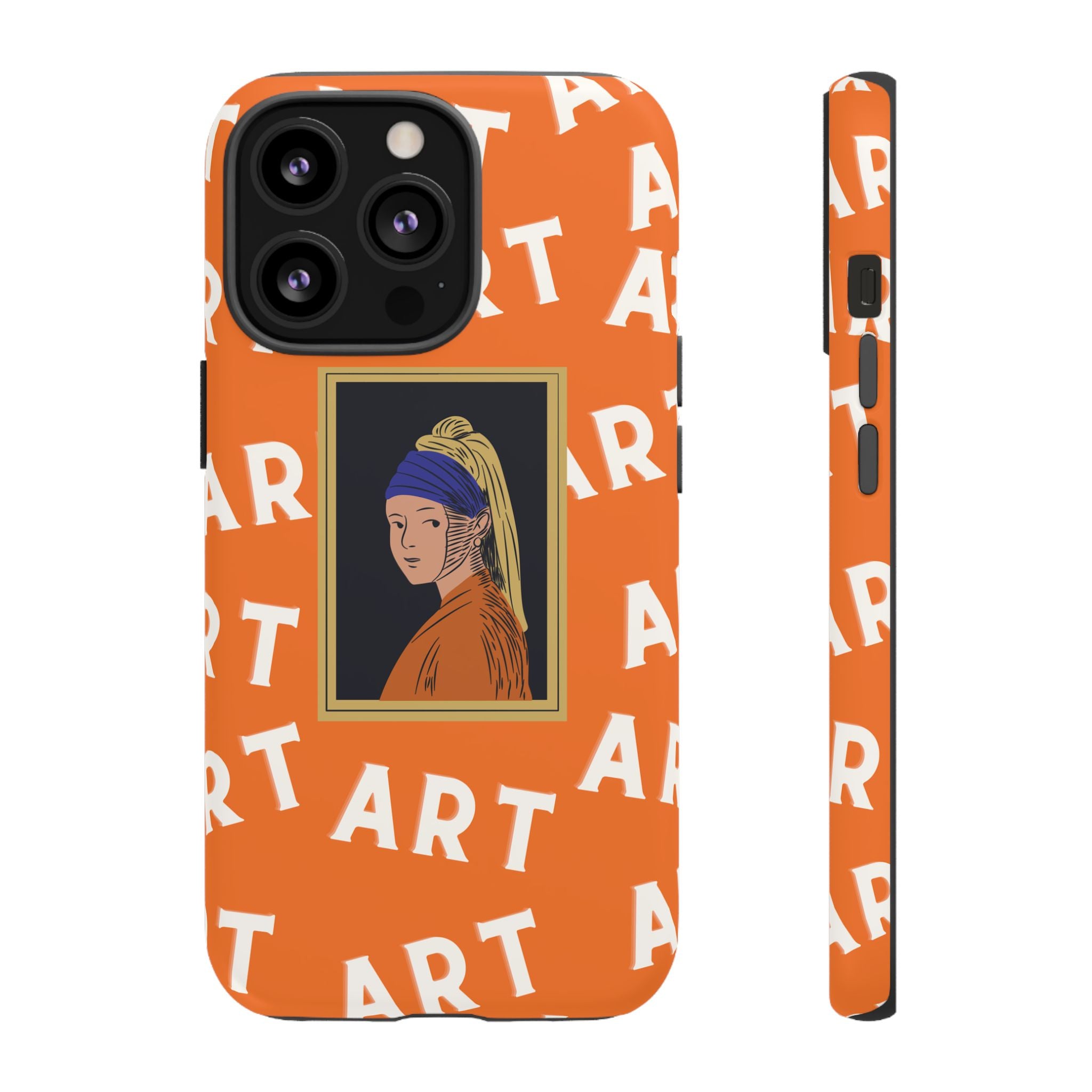 Bold Orange "ART" Pattern with Framed Girl with Pearl Earring Illustration