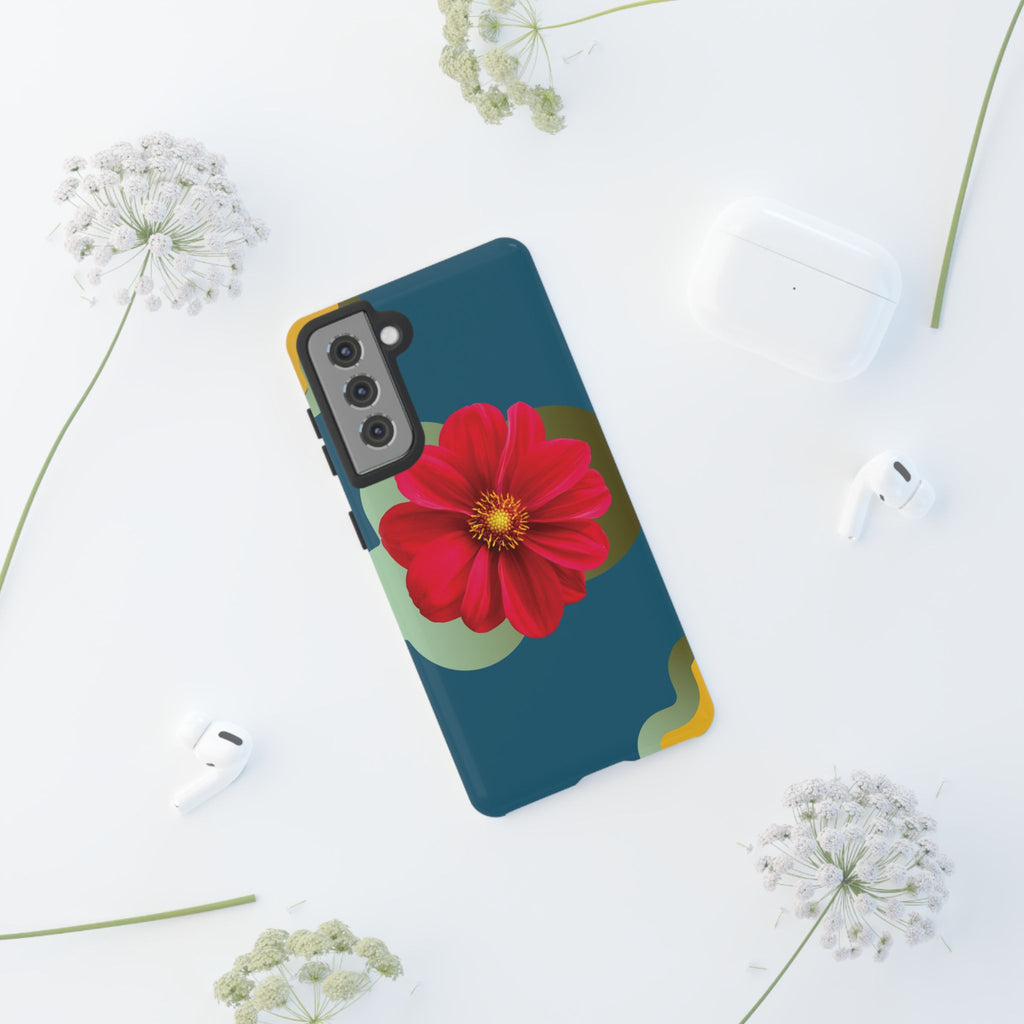 Floral Burst Tough Phone Case — Red Flower on Teal Protective Cover