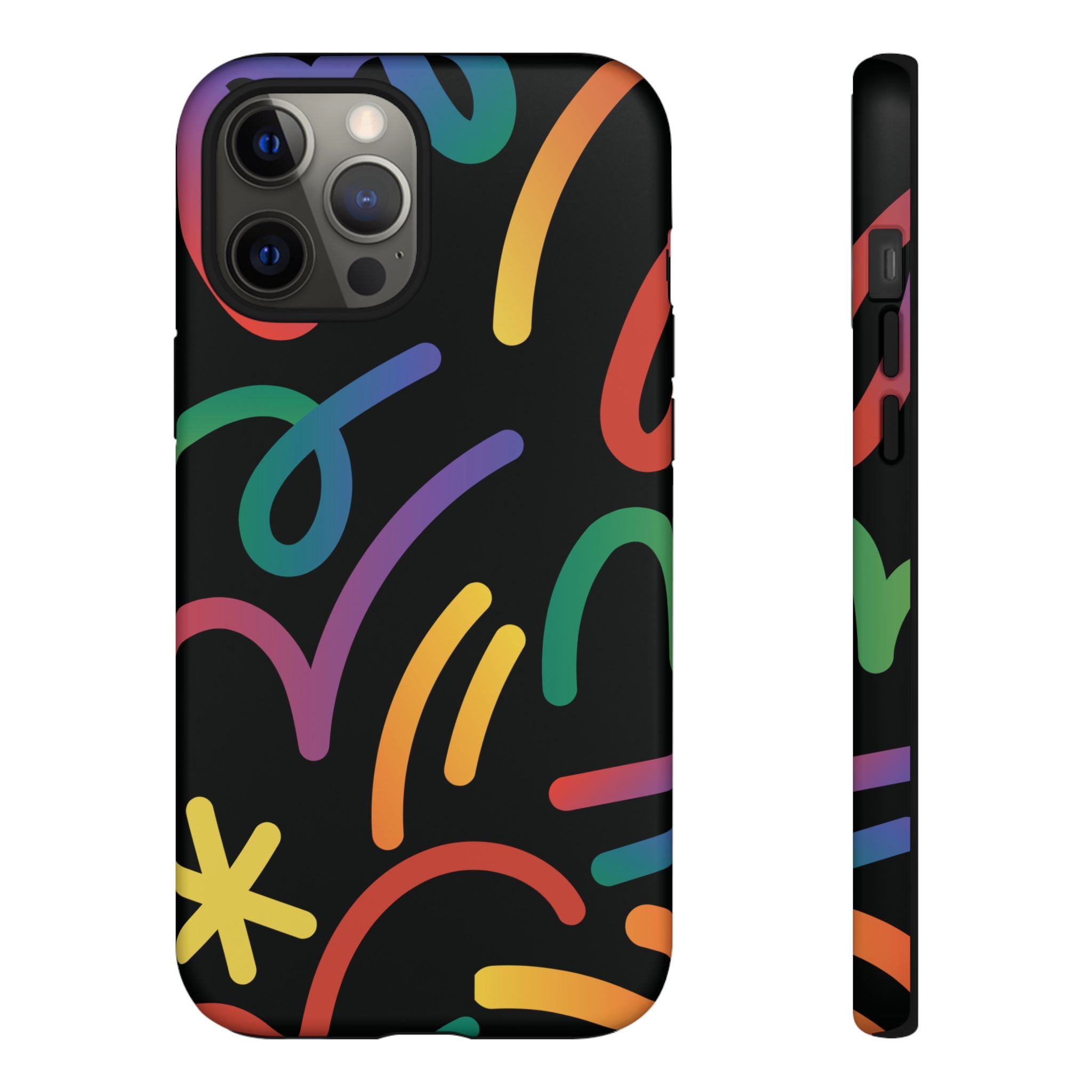 Colorful Doodle Tough Phone Case — Black Background Protective Cover