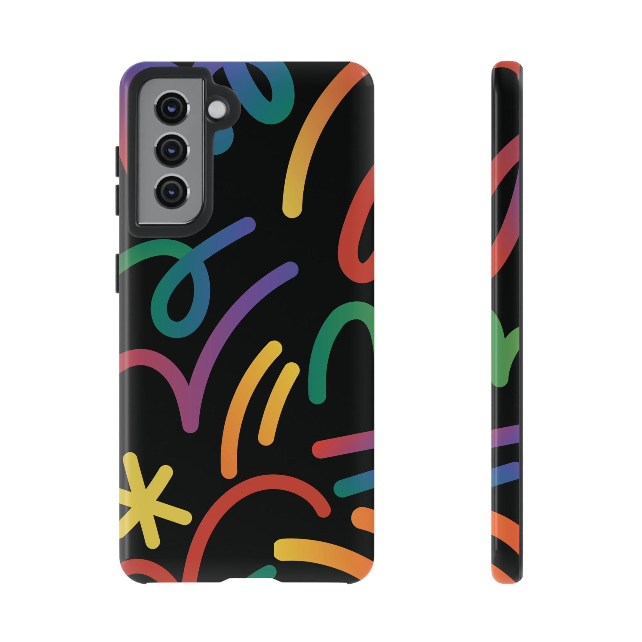 Colorful Doodle Tough Phone Case — Black Background Protective Cover