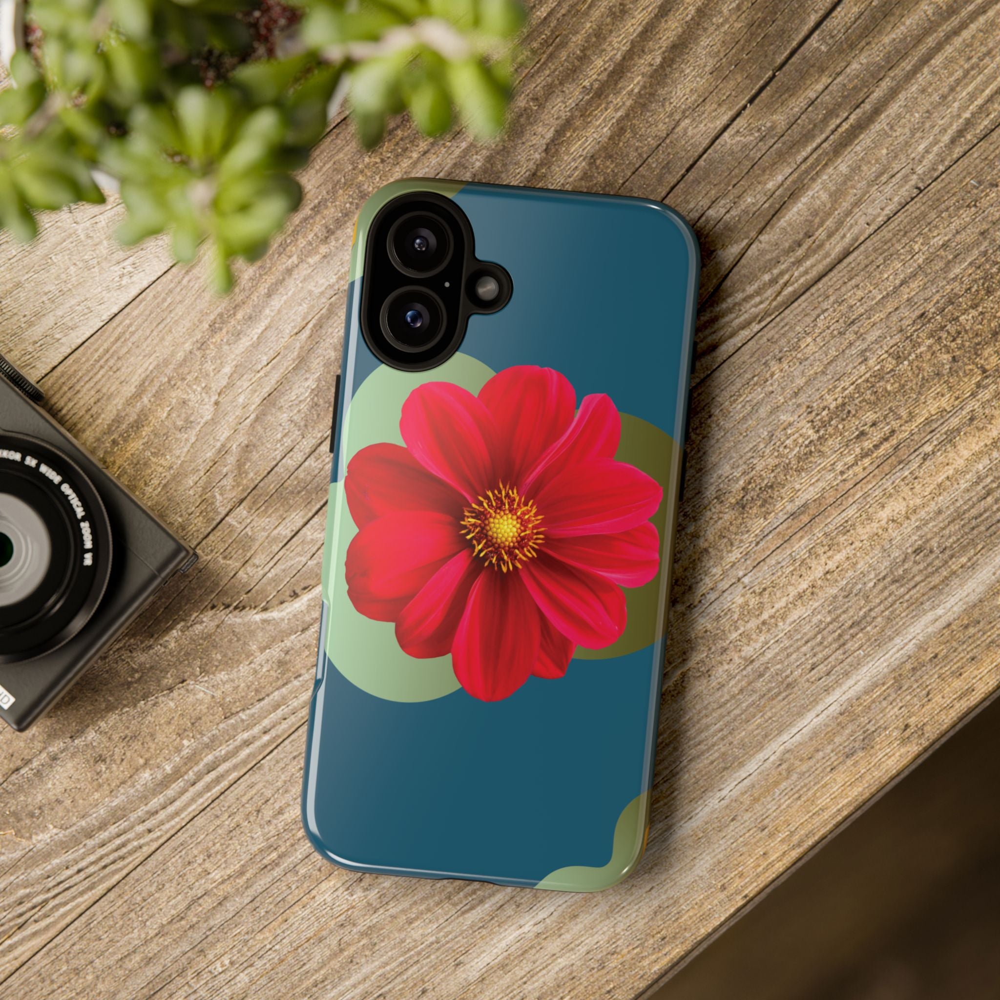 Floral Burst Tough Phone Case — Red Flower on Teal Protective Cover