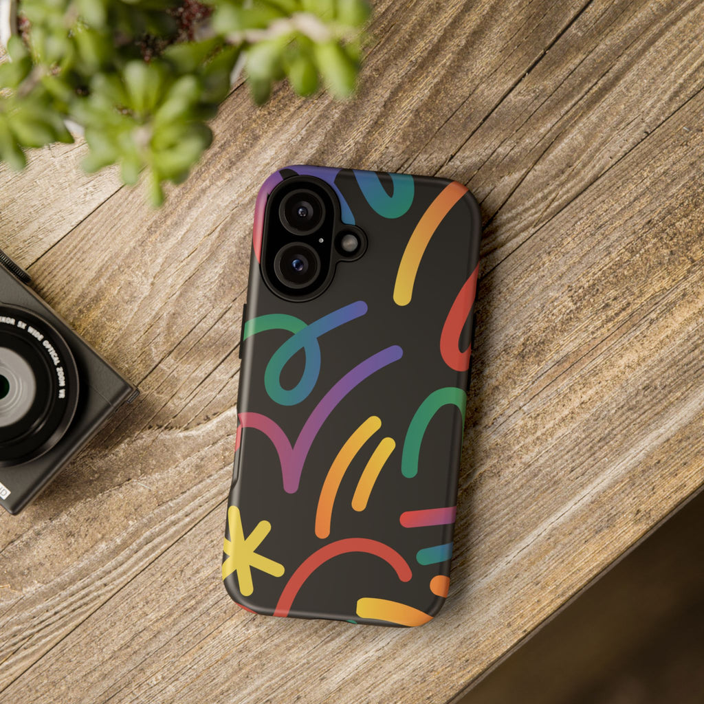 Colorful Doodle Tough Phone Case — Black Background Protective Cover