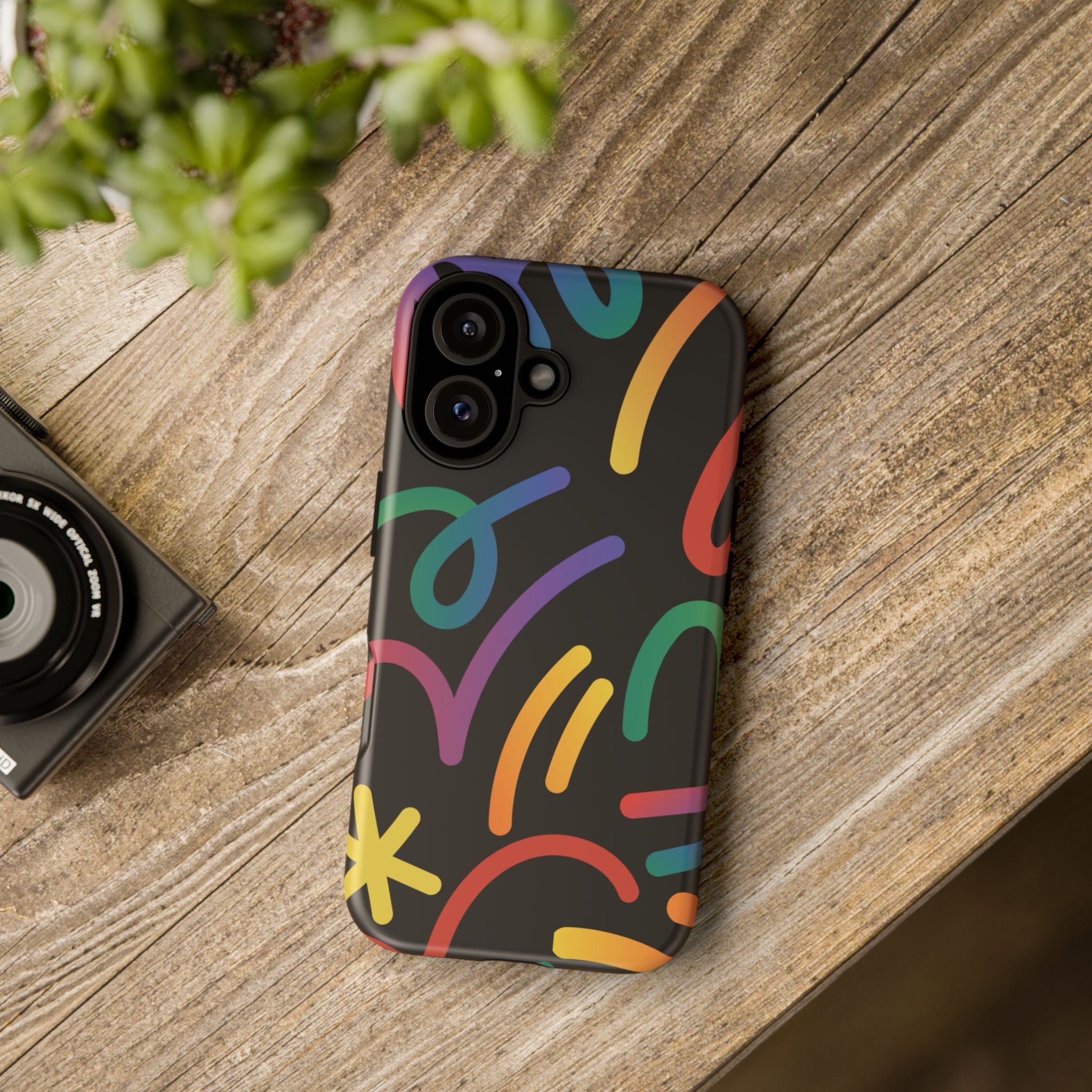 Colorful Doodle Tough Phone Case — Black Background Protective Cover