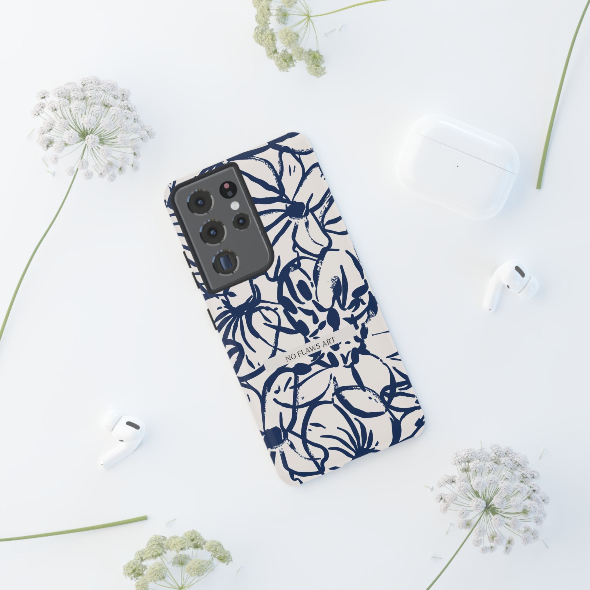 Navy Floral Tough Phone Case — "No Flaws Art" Protective Phone Cover