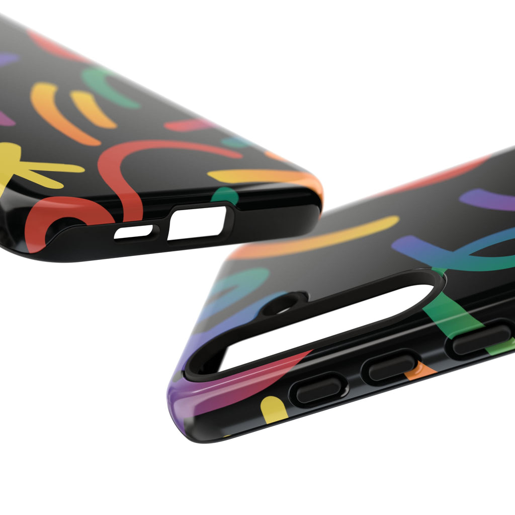 Colorful Doodle Tough Phone Case — Black Background Protective Cover