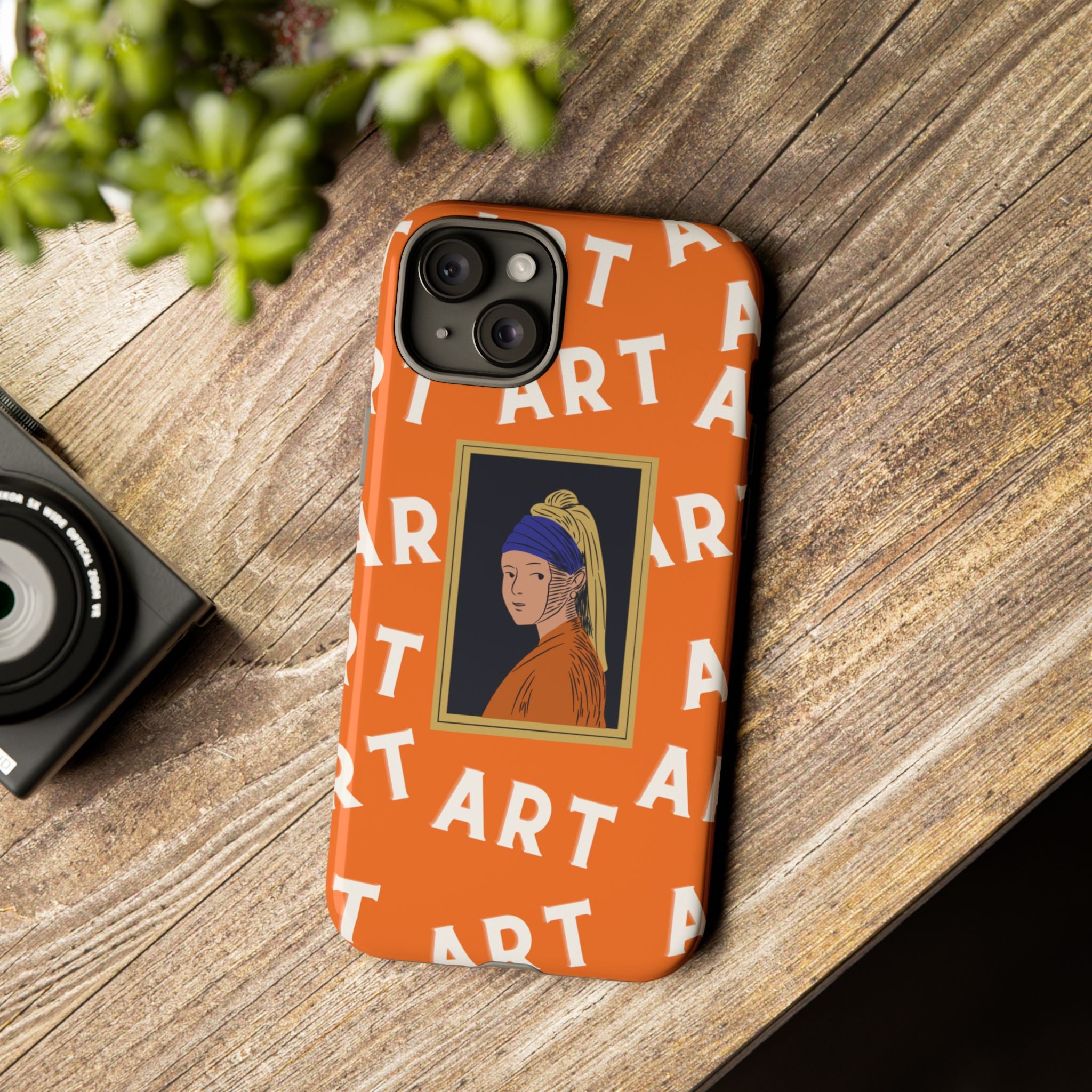 Bold Orange "ART" Pattern with Framed Girl with Pearl Earring Illustration