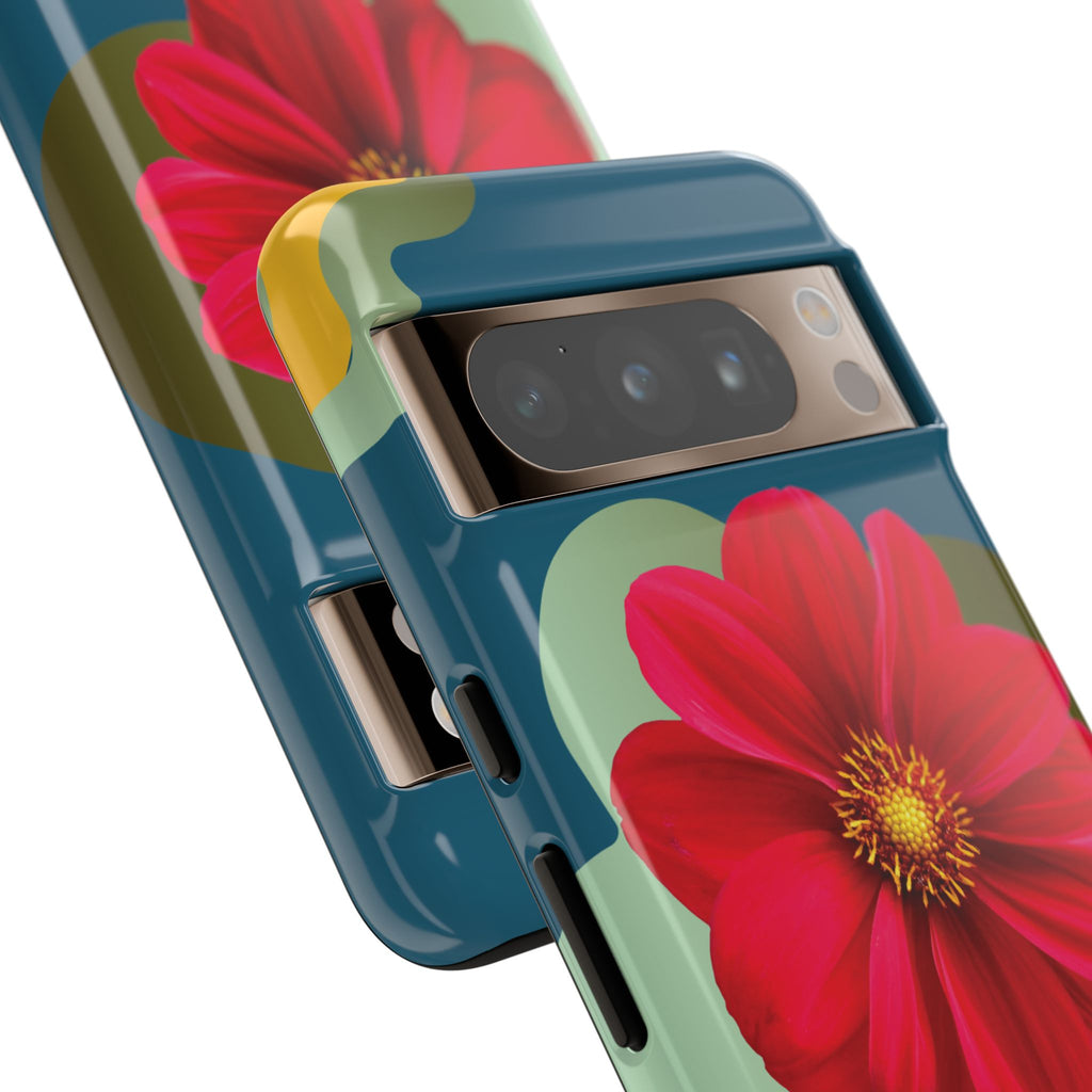 Floral Burst Tough Phone Case — Red Flower on Teal Protective Cover