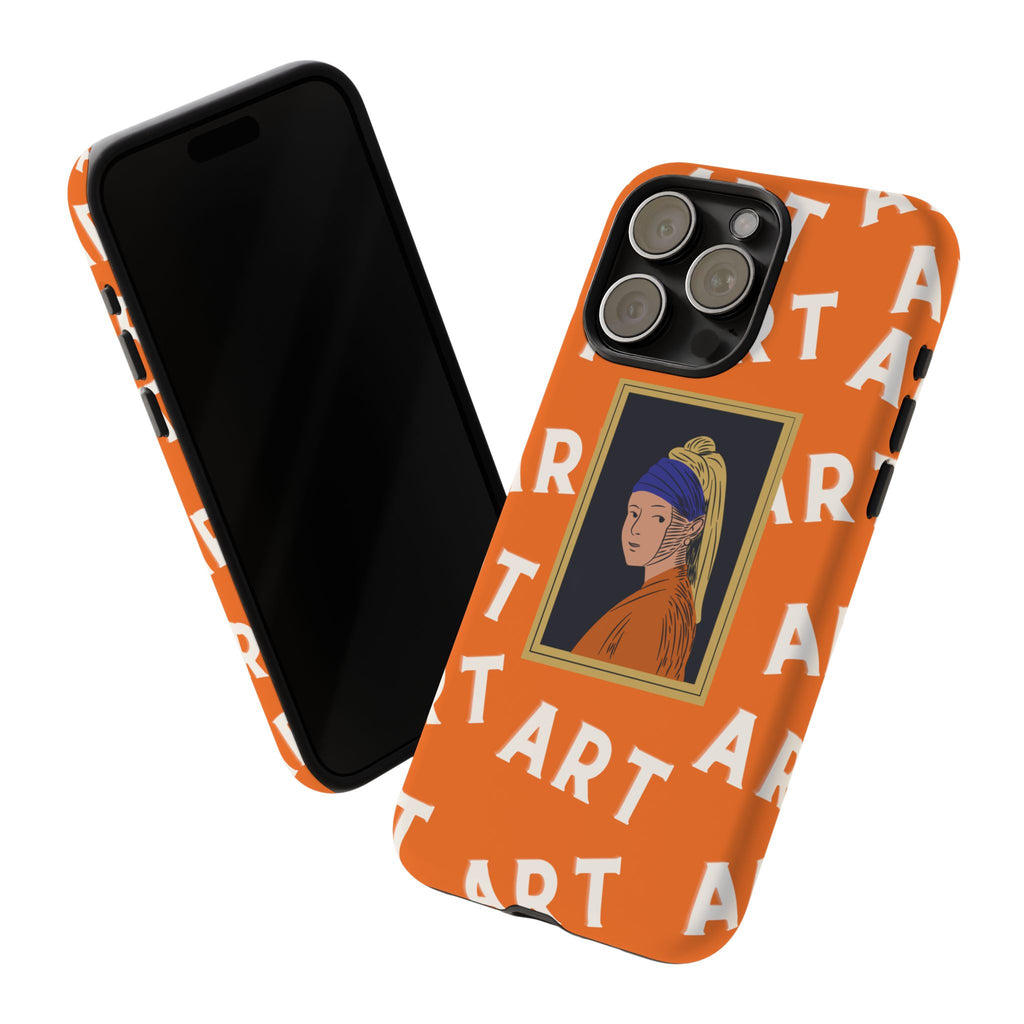 Bold Orange "ART" Pattern with Framed Girl with Pearl Earring Illustration
