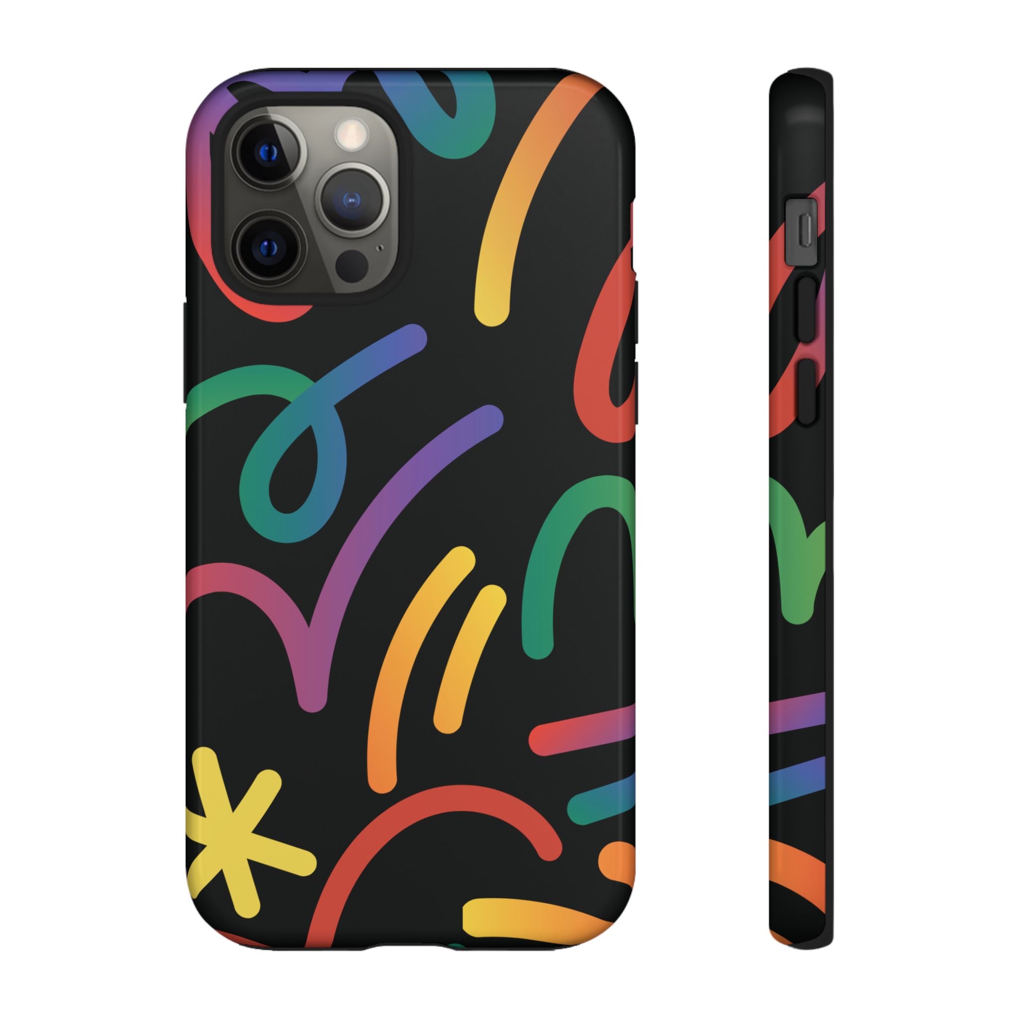 Colorful Doodle Tough Phone Case — Black Background Protective Cover