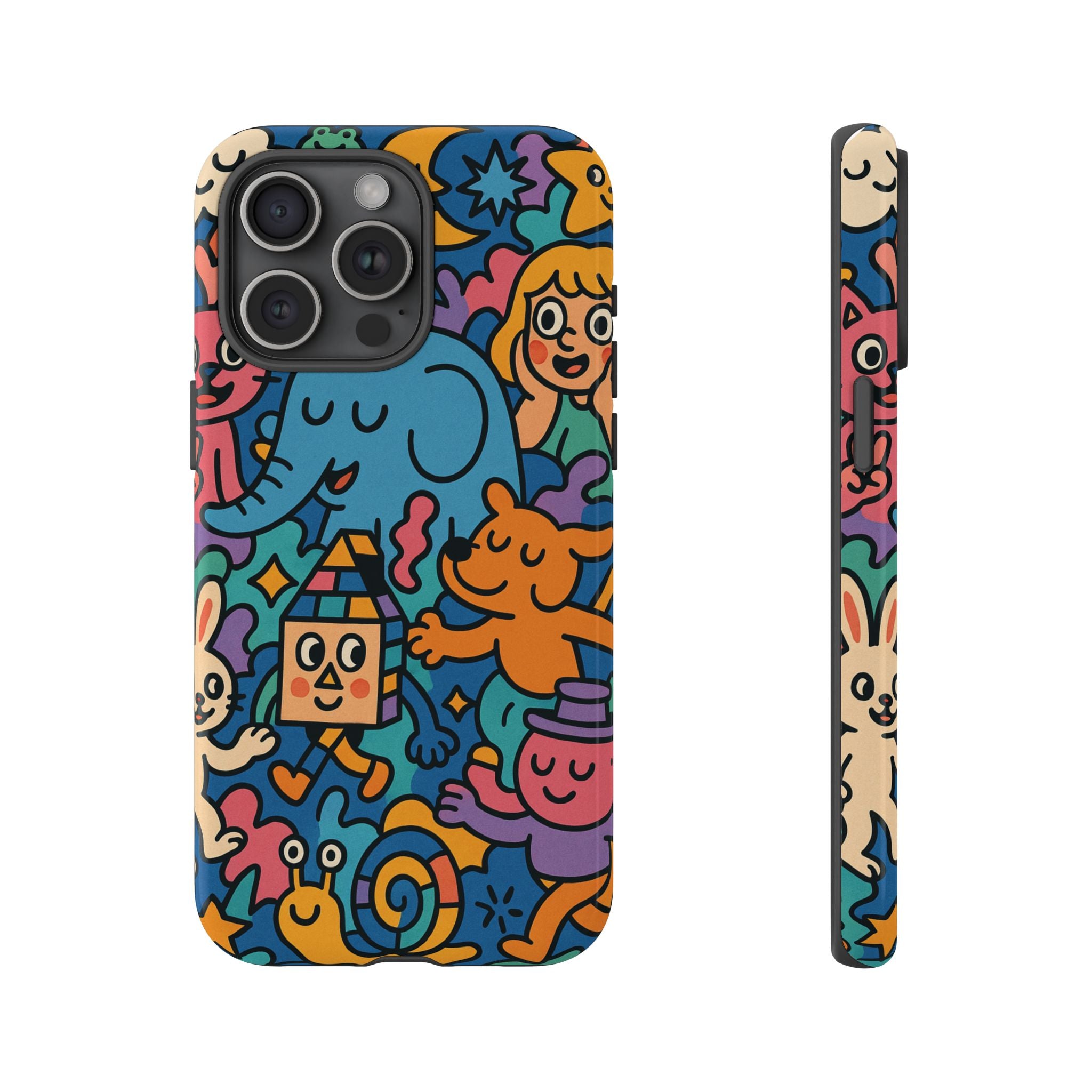 Colorful Doodle Phone Case — Cute Cartoon Animals & Characters