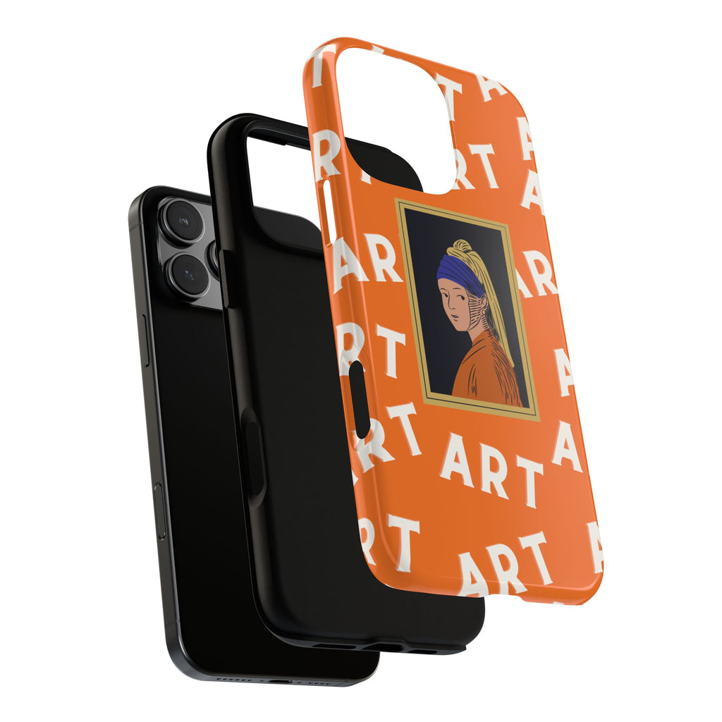 Bold Orange "ART" Pattern with Framed Girl with Pearl Earring Illustration