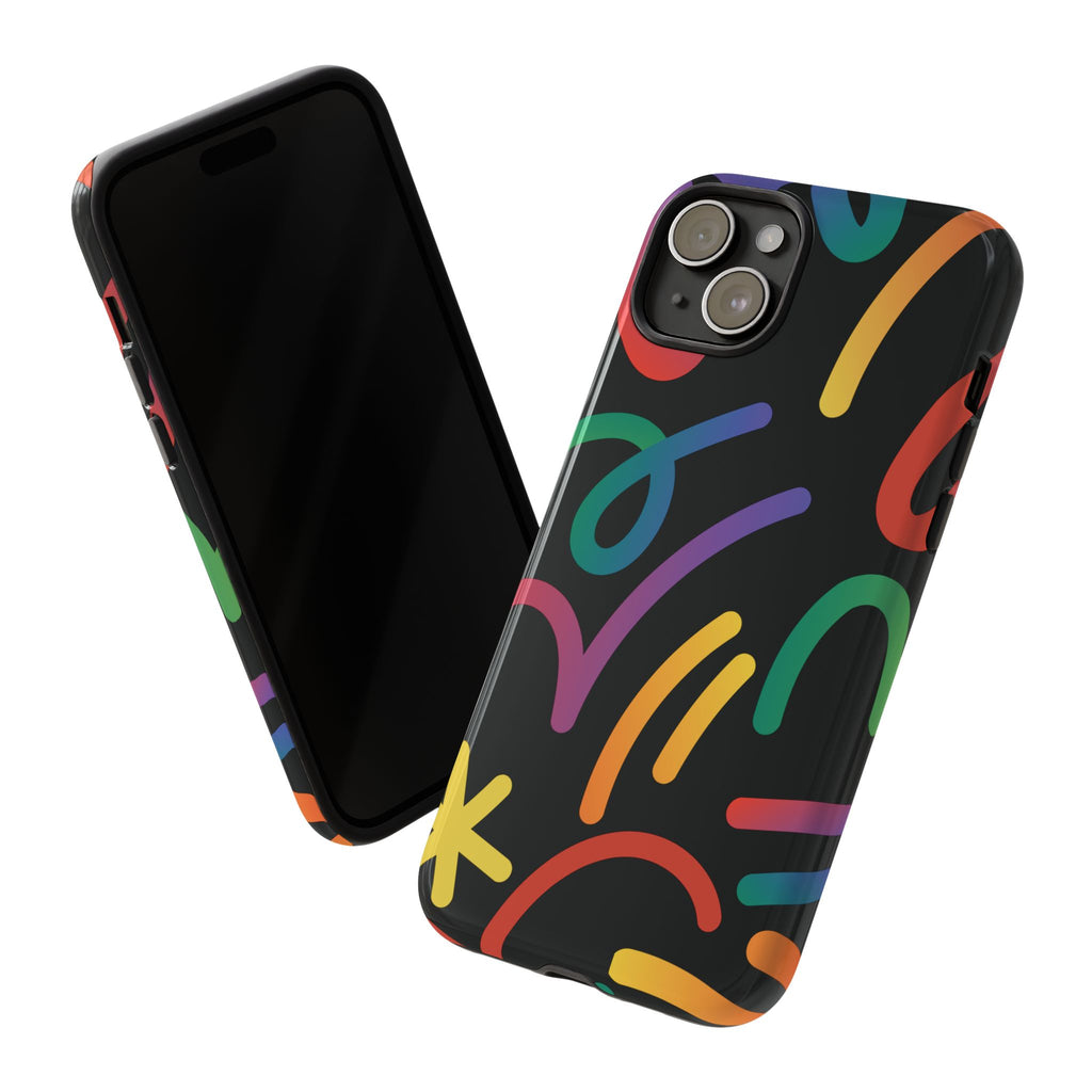 Colorful Doodle Tough Phone Case — Black Background Protective Cover