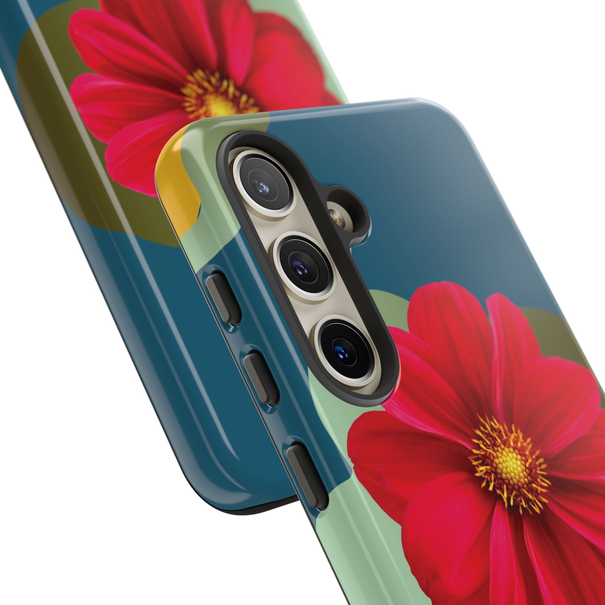 Floral Burst Tough Phone Case — Red Flower on Teal Protective Cover