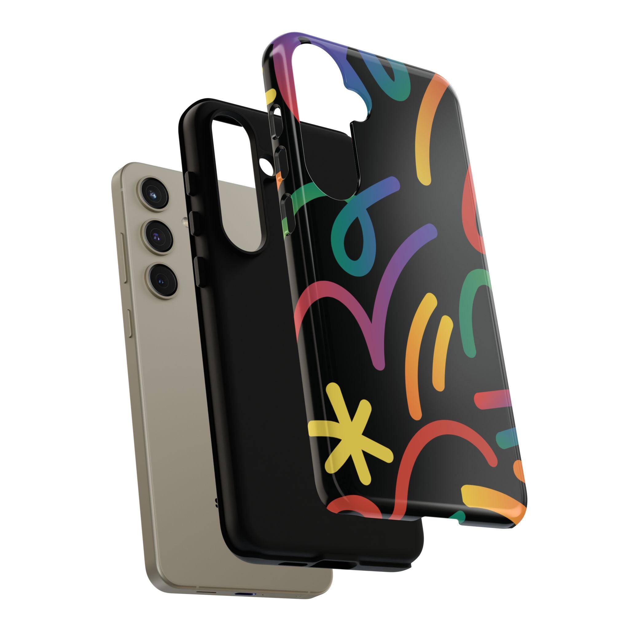 Colorful Doodle Tough Phone Case — Black Background Protective Cover