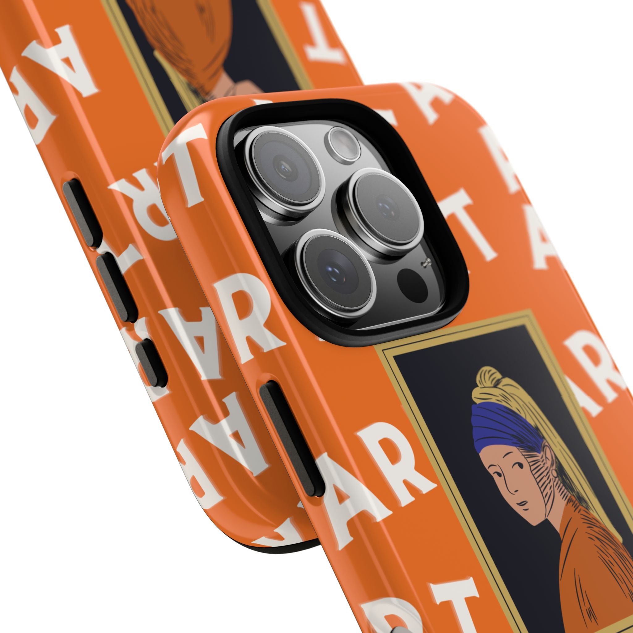 Bold Orange "ART" Pattern with Framed Girl with Pearl Earring Illustration
