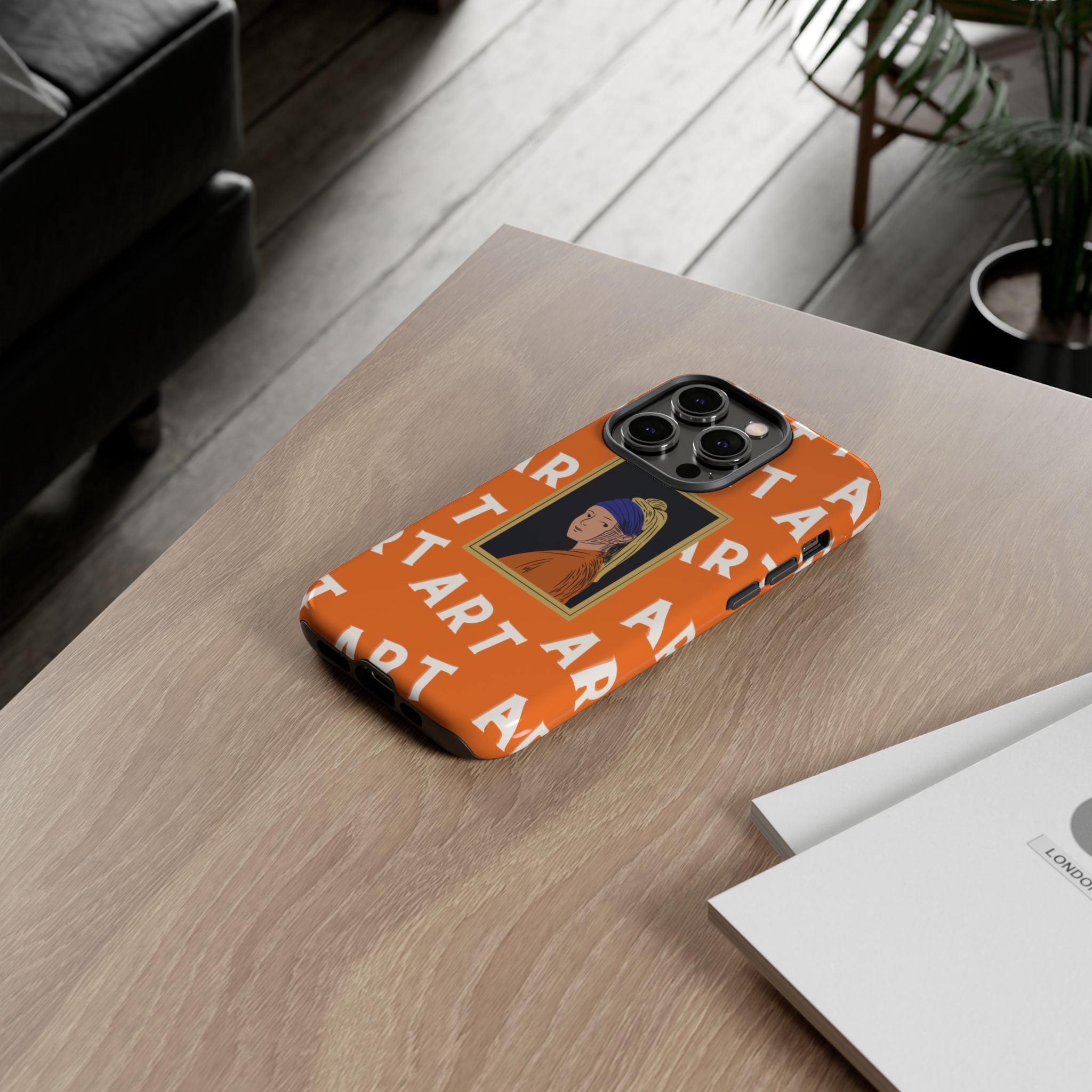 Bold Orange "ART" Pattern with Framed Girl with Pearl Earring Illustration
